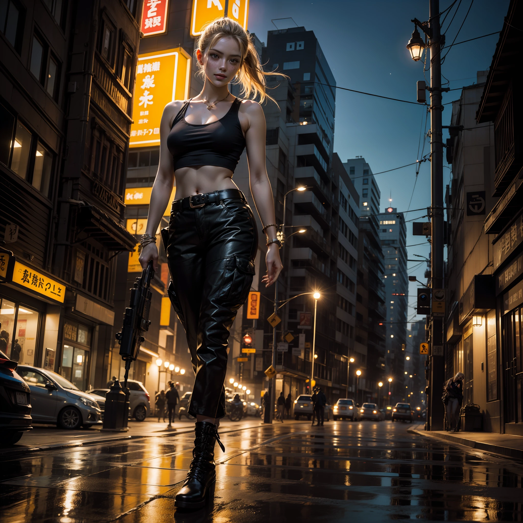 1 mulher Cammy White (Street Fighter), 25 anos, pale skin and freckles, olhos cinzas, nariz delicado, soft and delicate lips, cabelo blondie cinza, ponytail, com jaqueta de couro branca e detalhes pretos, White tank top, black cargo pants, Tactical belt, coldre com pistola, bota de couro marrom cano alto, cabelos ao vento, observa a cidade de Los Angeles iluminada a noite sentada de lado na sua moto futurista (manga Akira) na beira da estrada. Neon lights and lampposts, pose dinamica, pose de modelo, modelshoot, sorriso meigo, HD, fotorrealista 1:3, solo 1:3, professional camera, obra prima, foto premiada