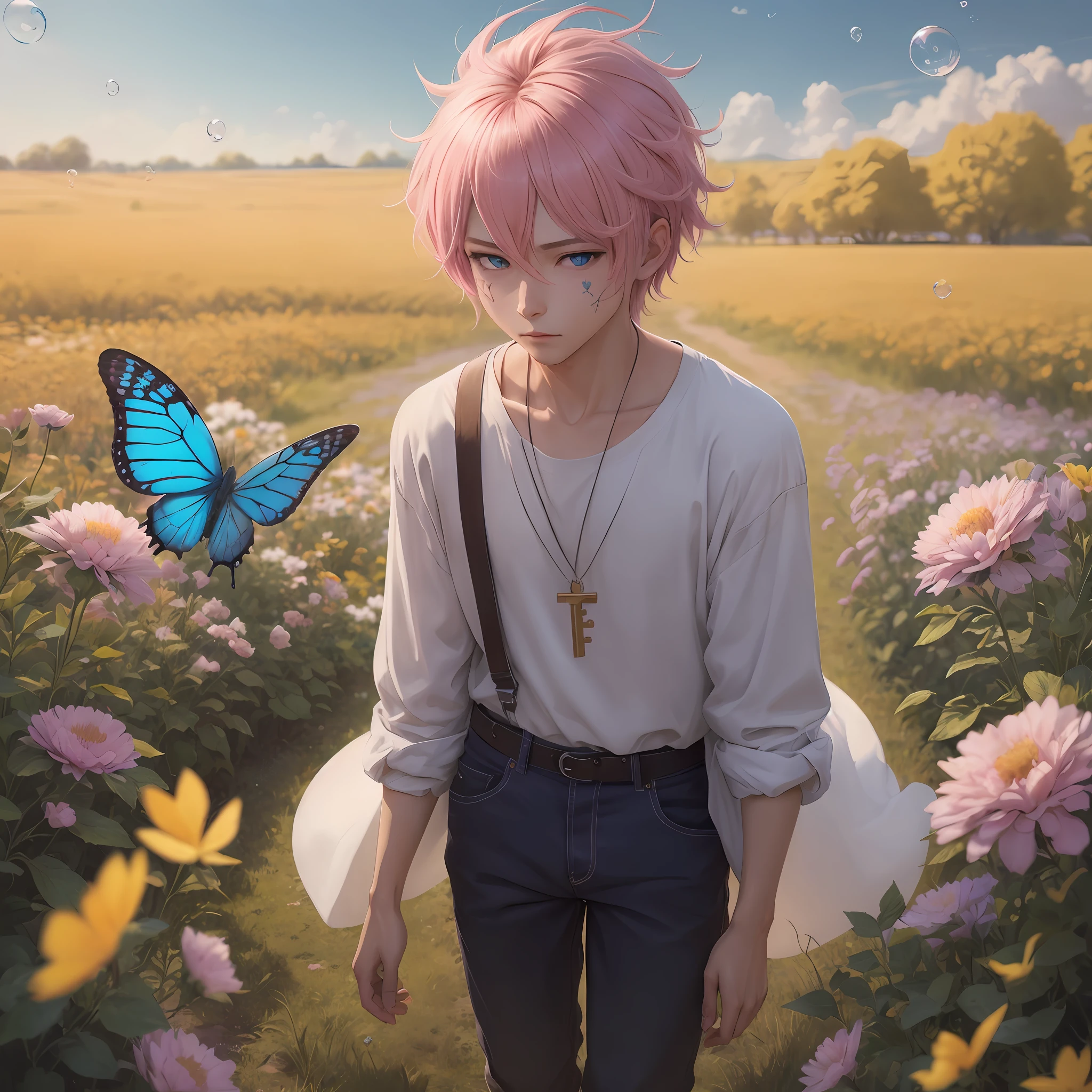anime boy in a field of flowers with a pink hair, butterflies and feathers arround him, blue eyes, bubble scar on neck, detailed key anime art, anime lush john 8k woods, best anime 4k konachan wallpaper, anime style 4 k, zerochan art, in a field of flowers, clean detailed anime art, anime art wallpaper 8 k, official anime artwork, anime art wallpaper 4k, anime art wallpaper 4 k