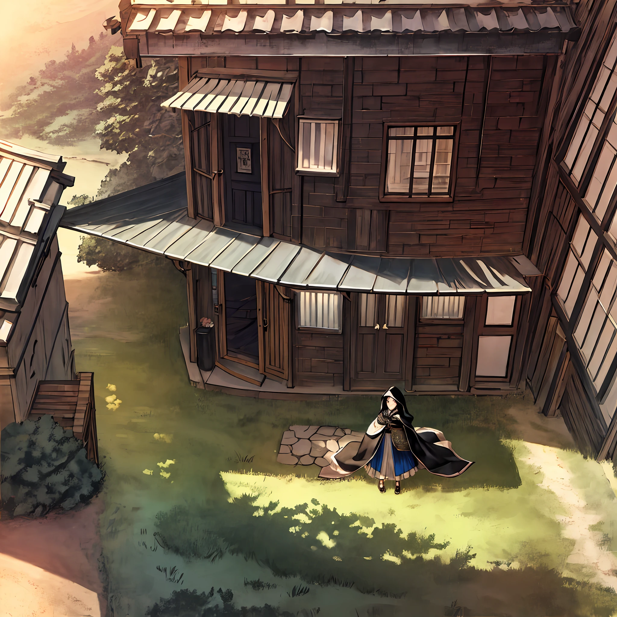 Masterpiece,Best Quality,1girlkp,独奏,long black hair, dressed in an old cloak and hood, From directly above,landscape,flying,skye, from the bottom of the house, alleyway