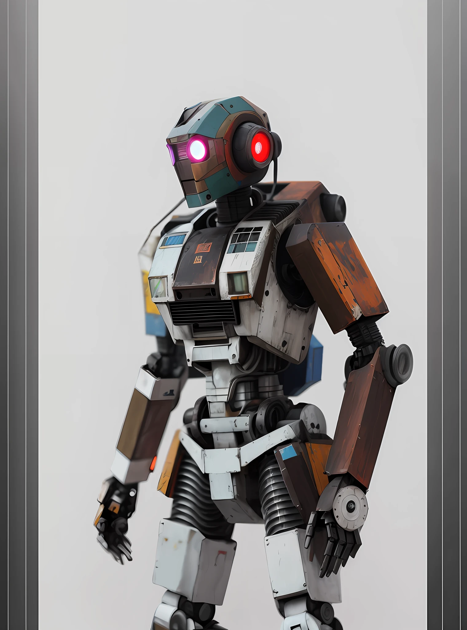 there is a robot that is standing up with a red light on, painterly humanoid mecha, CHAPPIE mecha, portrait of a mech, sci - fi character, chappie the robot, mecha suit, mech suit, dirty robot, authentic details, military enforcement droid