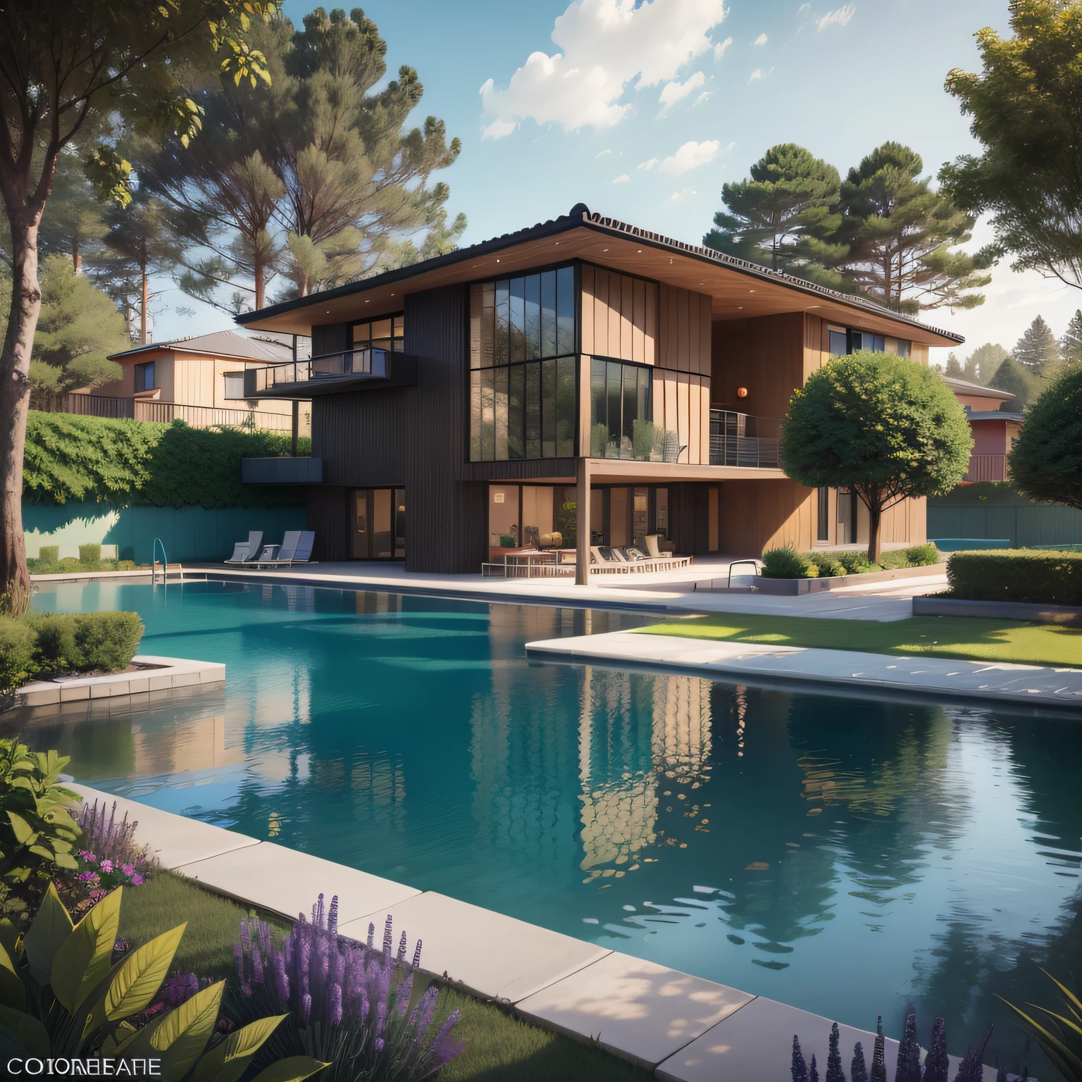 Organic modern architecture on a fairly large plot, from , there is a swimming pool in the middle of a large house of a flower, color of the house in chocolate brown and black beams, large modern residence, flat roofs and garden, render luxcore, render oktane, a photorealistic rendering, architectural rendering, mantra rendering, architectural rendering, realistic rendering, architectural visualization, wellness pool, Architectural visualization, large green zones, with small zones of lavender flowers, green shrubs type lush green garden, as well as small water mirrors, swimming pool embedded in an area of sand, olive and pine trees around the house, paddle court next to the house