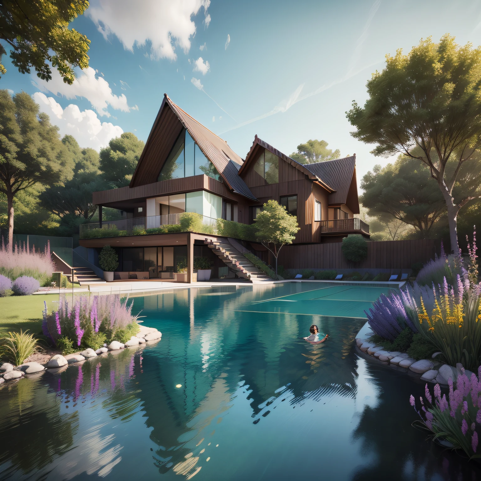 Organic modern architecture on a fairly large plot, from , there is a swimming pool in the middle of a large house of a flower, color of the house in chocolate brown and black beams, large modern residence, flat roofs and garden, render luxcore, render oktane, a photorealistic rendering, architectural rendering, mantra rendering, architectural rendering, realistic rendering, architectural visualization, wellness pool,  Architectural visualization, large green zones, with small zones of lavender flowers, green shrubs type lush green garden, as well as small water mirrors, swimming pool embedded in an area of sand, olive and pine trees around the house, paddle court next to the house