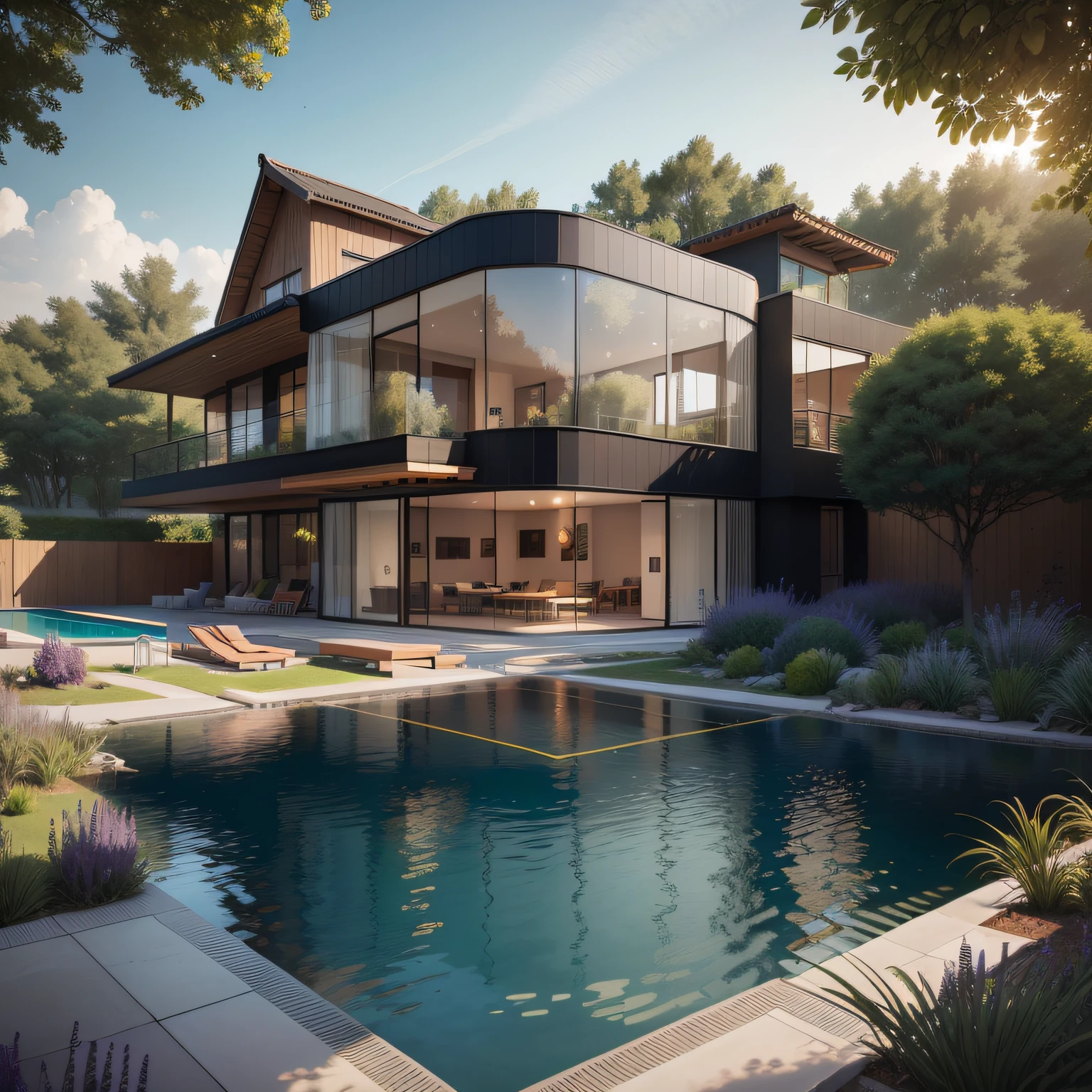 Organic modern architecture on a fairly large plot, from , there is a swimming pool in the middle of a large house of a flower, color of the house in chocolate brown and black beams, large modern residence, flat roofs and garden, render luxcore, render oktane, a photorealistic rendering, architectural rendering, mantra rendering, architectural rendering, realistic rendering, architectural visualization, wellness pool, Architectural visualization, large green zones, with small zones of lavender flowers, green shrubs type lush green garden, as well as small water mirrors, swimming pool embedded in an area of sand, olive and pine trees around the house, paddle court next to the house