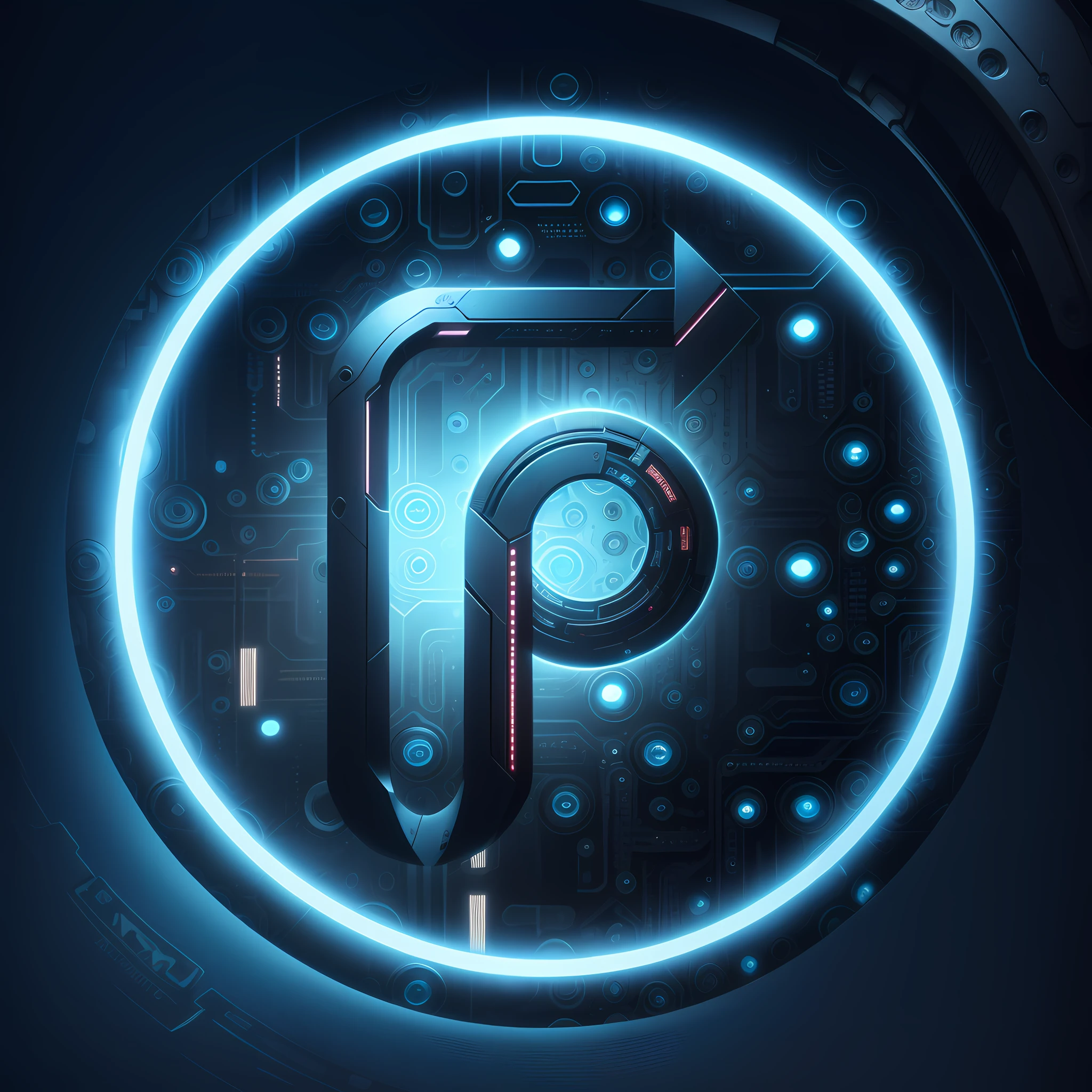 a close up of a circular object with a blue light, mechanical features and neon, depicted as a 3 d render, neon electronic signs, psionic, made of neon light, futuristic typography, portal 3, pbr render, neon letters tripmachine, stylized pbr, powering up. hyperdetailed, made in photoshop, glowing neon vray, cyberpunk signs --auto