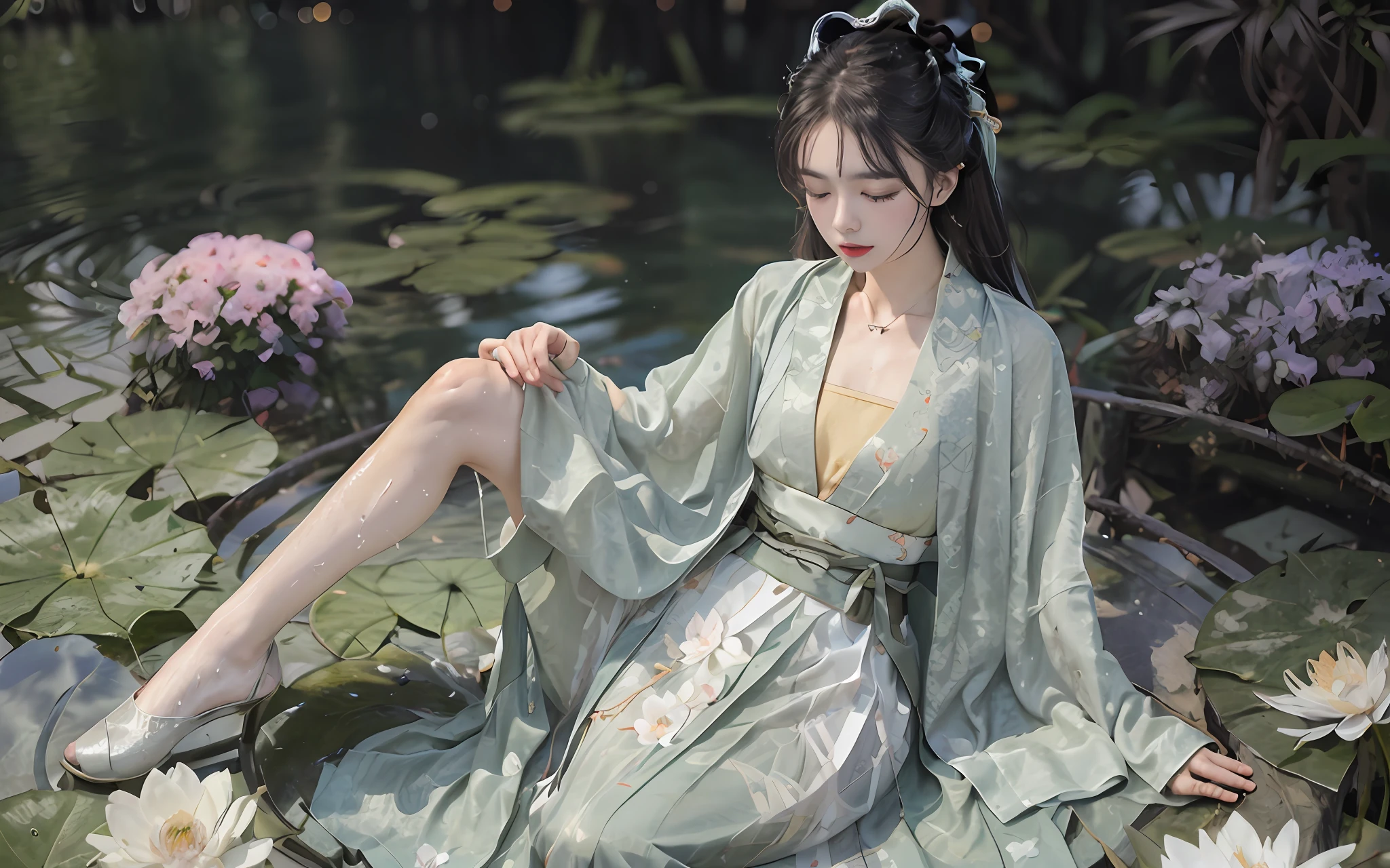 Dark green Hanfu, a woman, cool, fair skin, sea of flowers, pond, petals floating on the water, lily, clavicle, eyes closed, half submerged in water, dark background, moonlight, hairpin, jade pendant, Hanfu, delicate face, hair accessories, red lips, skirt, belt, jewelry, long hair, earrings, , hair strands, perfect body proportions, wet, slender legs, bridge