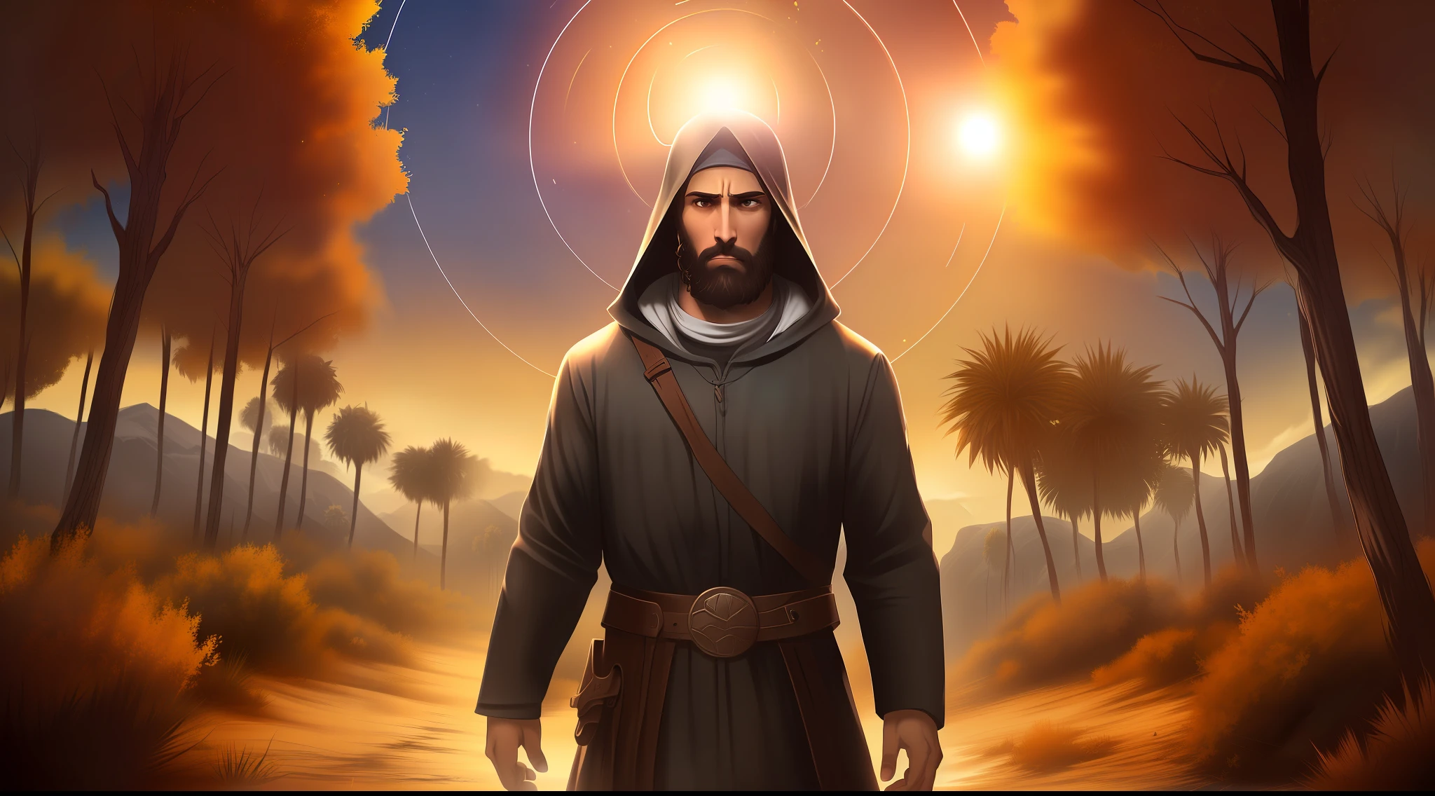 Jesus walking in the desert, with the globe in one hand, demonios rodeando Jesus se alejan despavoridos y asustados, obra maestra, mejor calidad, alta calidad, fondo de pantalla CG extremadamente detallado 8k, Award-winning photography, Bokeh, profundidad de campo, HDR, flowering, chromatic abberation, fotorrealísta, extremadamente detallado, tendencia en artstation, tendencia en CGsociety, intrincado, alto detalle, dramatic, arte a mitad de viaje, volumetric illumination