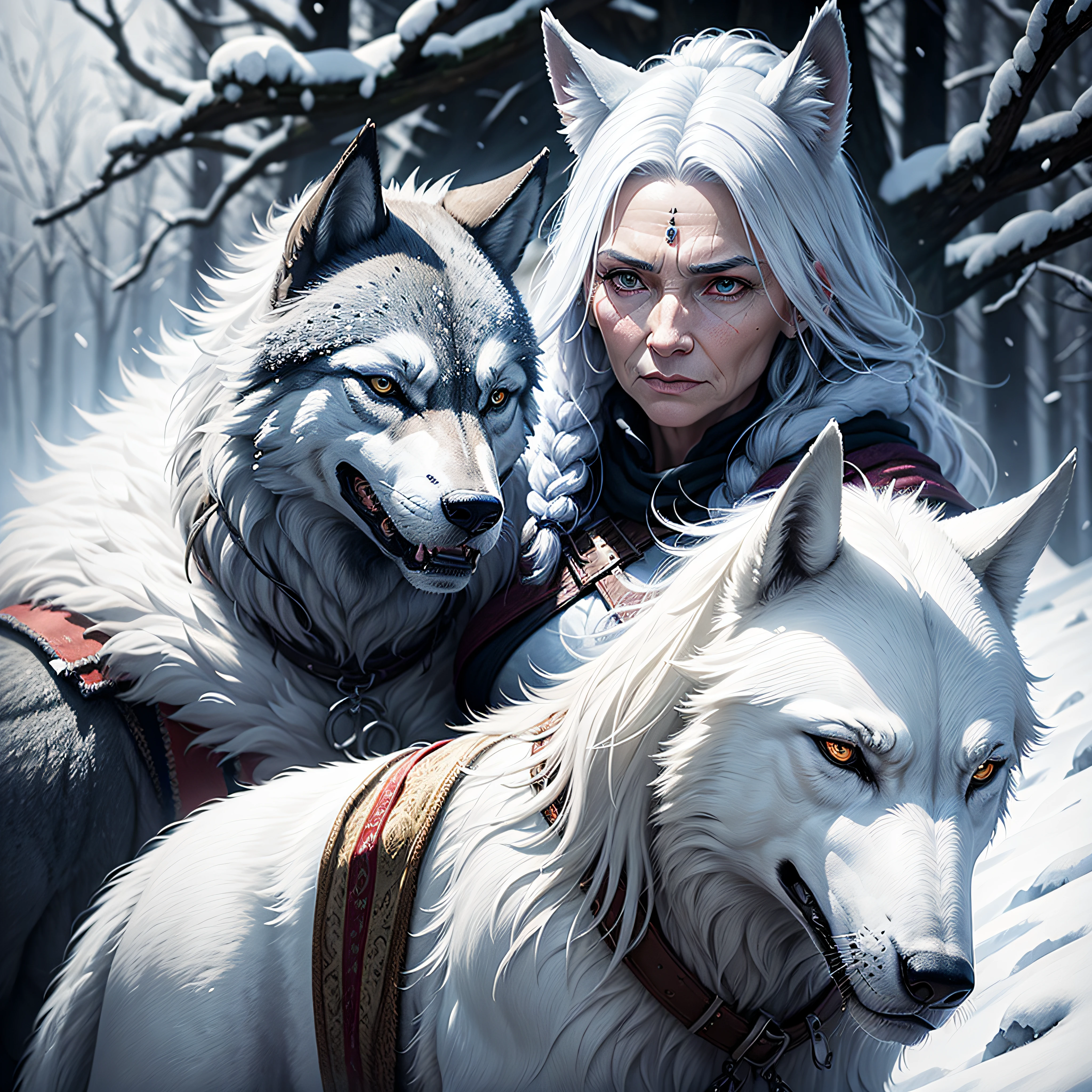 old warrior woman and her wolf, mystic, snow background, photorealistic , detailed --auto