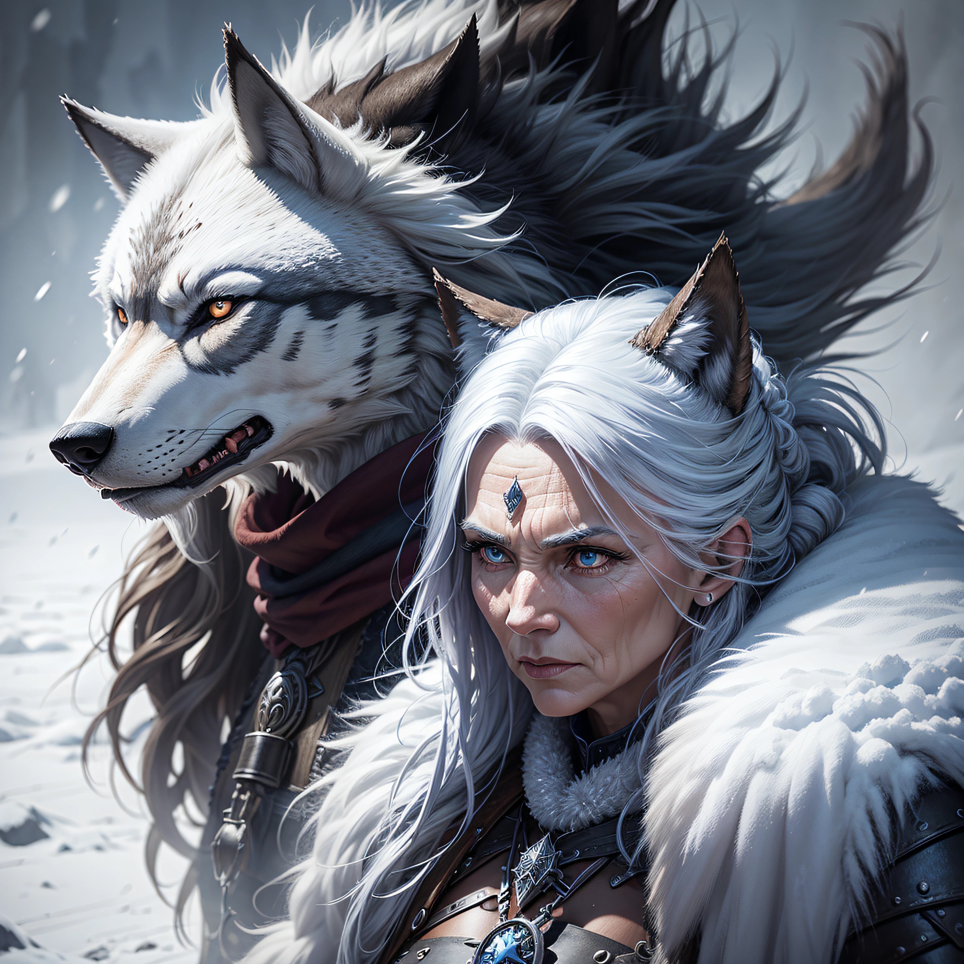 old warrior woman and her wolf, mystic, snow background, photorealistic , detailed --auto