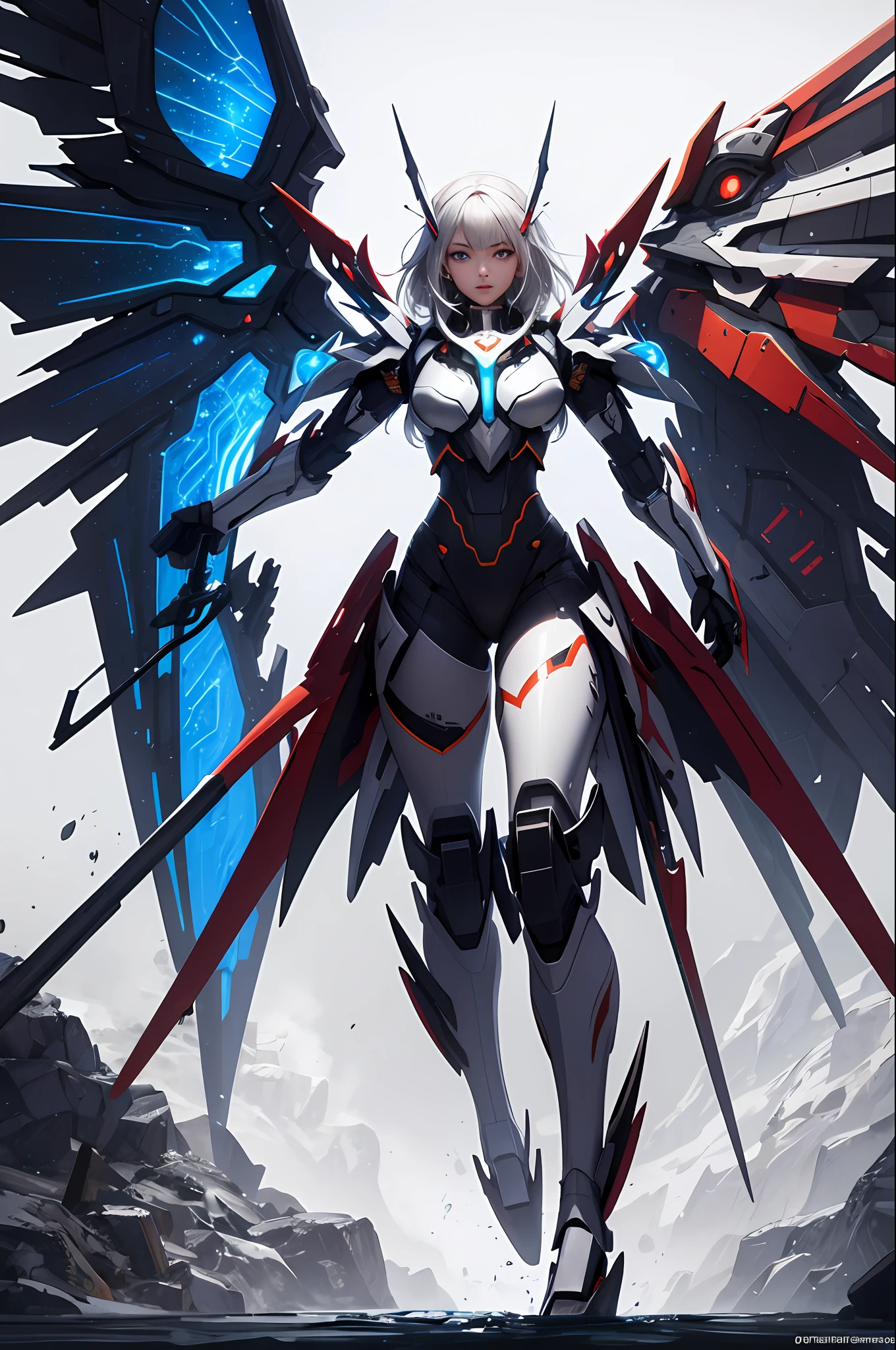 （tmasterpiece，best qualtiy：1.3），extremly high detail，复杂，8k，HDR，the wallpaper，cinmatic lighting，Skysky，flight，holdingweapon，with light glowing，armour，glowing light eyes，mechs，Realistis，mechs，large wings，faucet