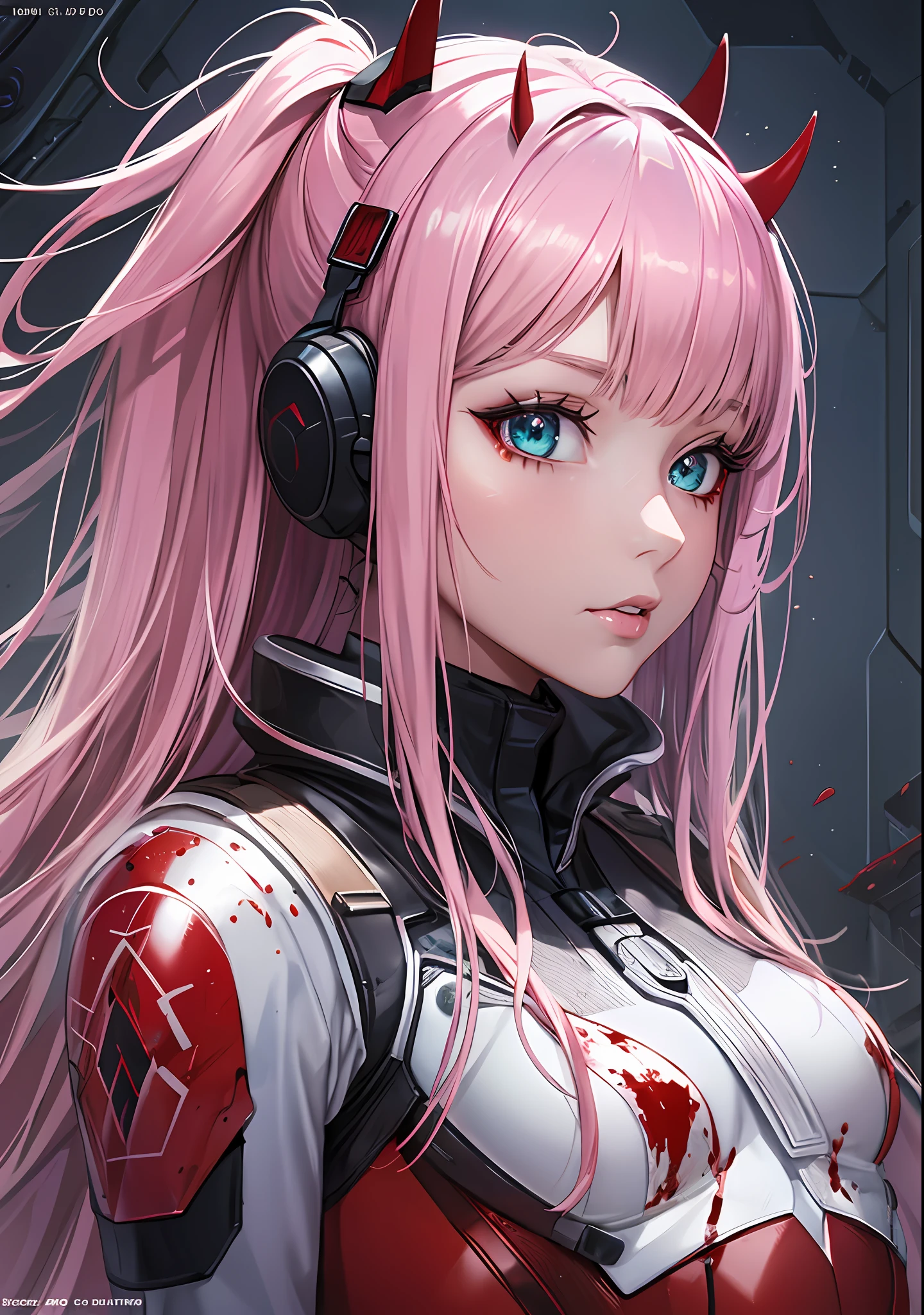 Masterpiece, top quality, best quality, official art, beautiful and aesthetic, anime, 1girl, Zero Two, extremely detailed, colorful, more detailed ((ultra-detailed)), (highly detailed CG illustration), solo, pink hair, pair of horns, verd s eyes, long hair, (focus on character), pilot outfit, red bodysuit with white details, science fiction, blood