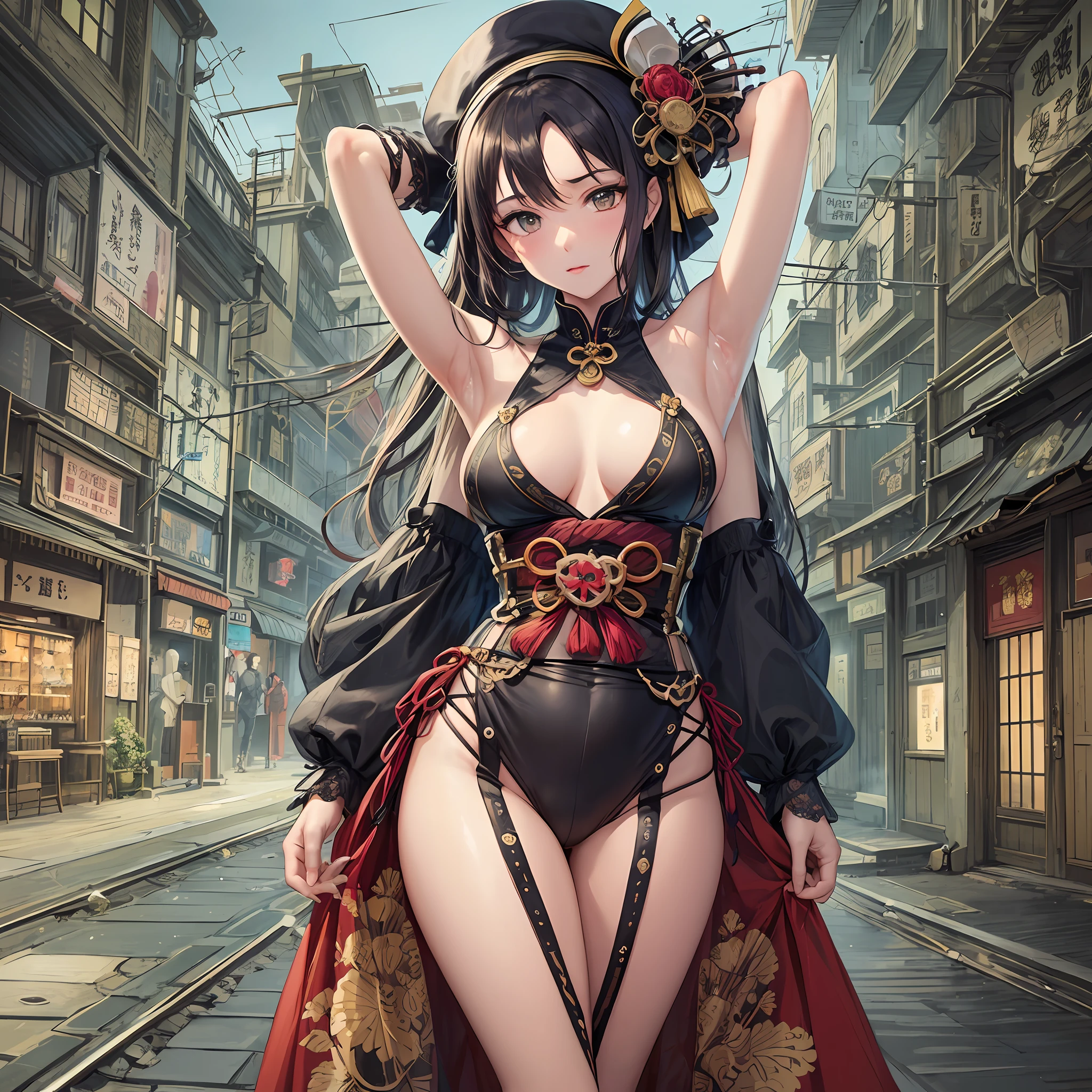 (Masterpiece),((Highest Quality)),(Official Art),(Beautiful Indulgence:1.2),(Steampunk Girl),(1 Girl:1.3),((Armpit)),((Small Breasts)),Hands on Buttocks,(((Steamy Taisho Townscape))),Beauty in a modern hakama with intricate and delicate design,Gliding train,Detailed drawing. Bright colors. Supreme Detail ((Ultra Detail)),(Highly Detailed 2D Illustration),((Very Delicate and Beautiful))Super Detail, wakame, wakame wakame, wakame, wakame, wakame, wakame, wakame, wakame, wakame, wakame --auto