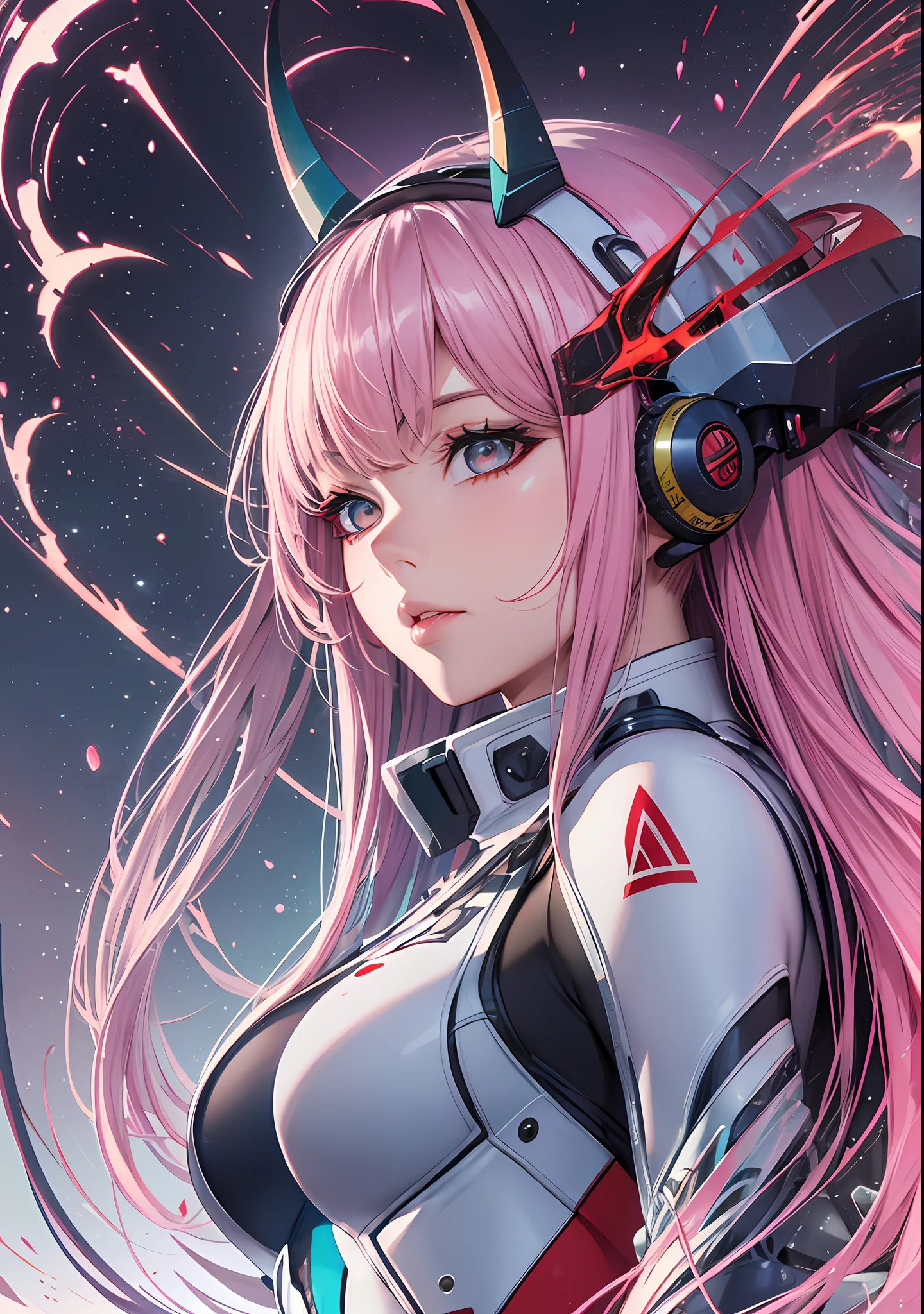 Masterpiece, top quality, best quality, official art, beautiful and aesthetic, anime, 1girl, Zero Two, extremely detailed, colorful, more detailed ((ultra-detailed)), (highly detailed CG illustration), solo, pink hair, pair of horns, verd s eyes, long hair, (focus on character), pilot outfit, red bodysuit with white details, science fiction, blood