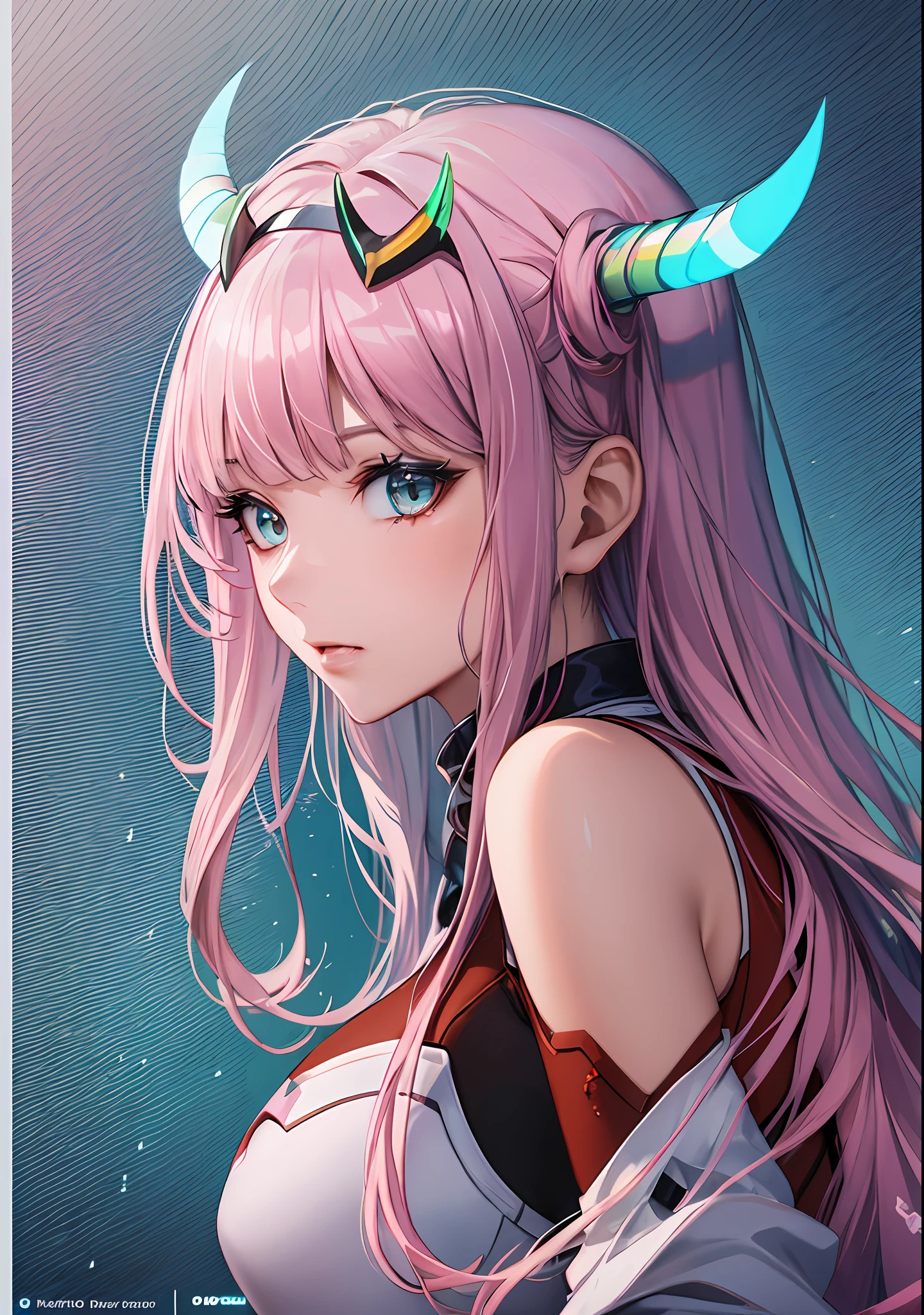 Masterpiece, top quality, best quality, official art, beautiful and aesthetic, anime, 1girl, Zero Two, extremely detailed, colorful, more detailed ((ultra-detailed)), (highly detailed CG illustration), solo, pink hair, pair of horns, verd s eyes, long hair, (focus on character), pilot outfit, red bodysuit with white details, science fiction, blood