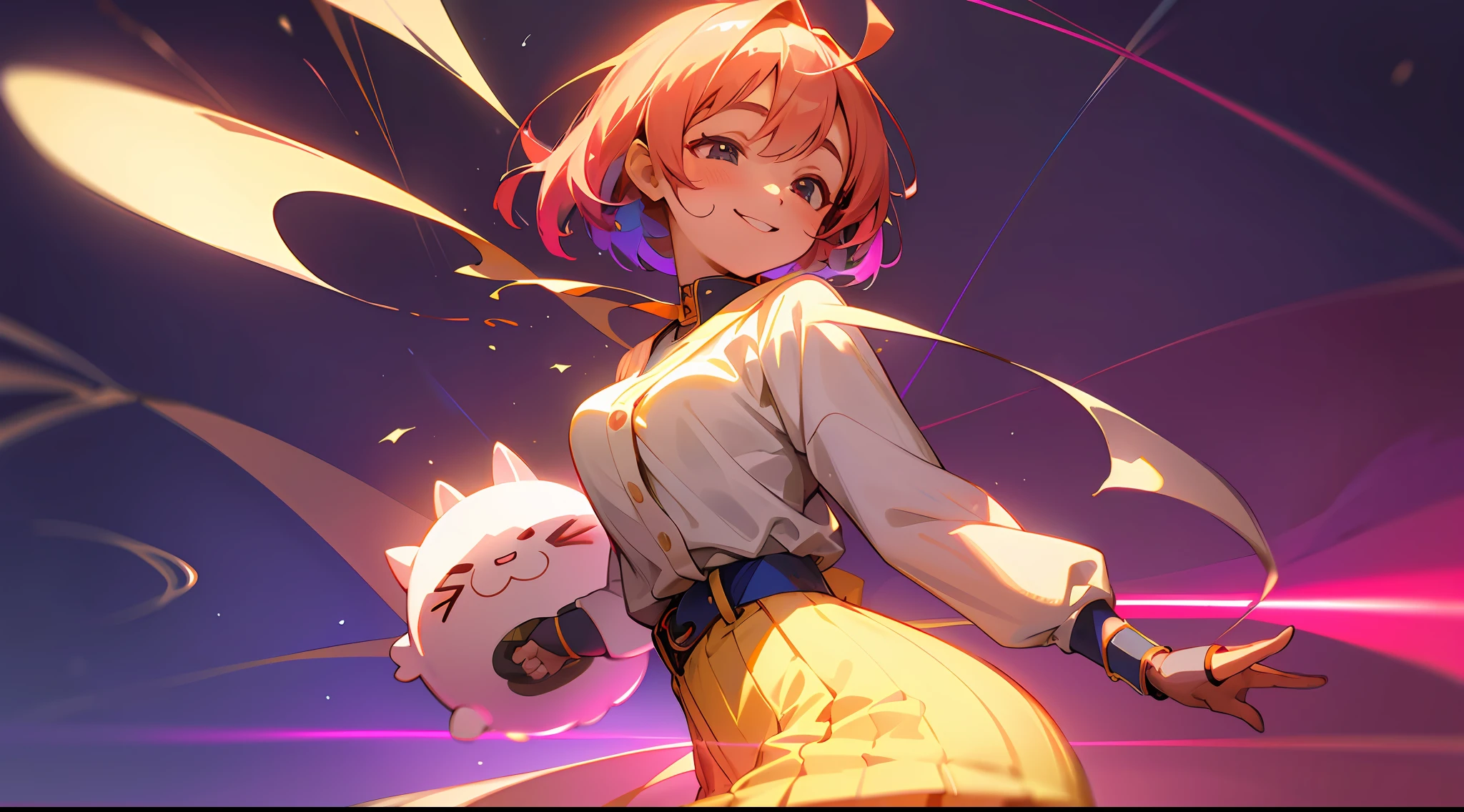 Muchimuchi、a smile、 ager、(best_quality)、slaves、thick thight、Cuteness、present、Stand in front of colorful backgrounds、4K、Caustics --auto
