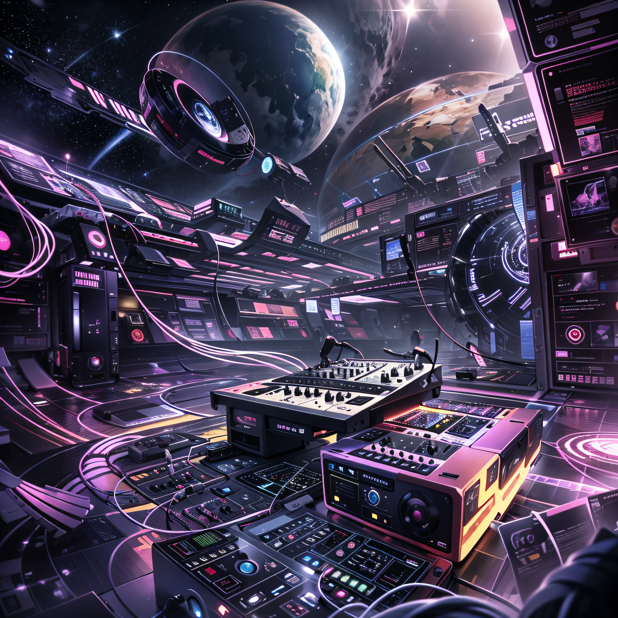Generar una imagen futurista en la que un grupo de dj alienigenas tocan sintetizadores flotando en el espacio exterior. The stage is outside the Earth's atmosphere, con un fondo estrellado y planetas distantes. Futuristic synthesizers also float in space, surrounded by cables and stereos. Furthermore, Add alien elements floating in space to create a cosmic and surreal environment. The image should convey the idea of a futuristic musical show in a unique and vibrant space environment