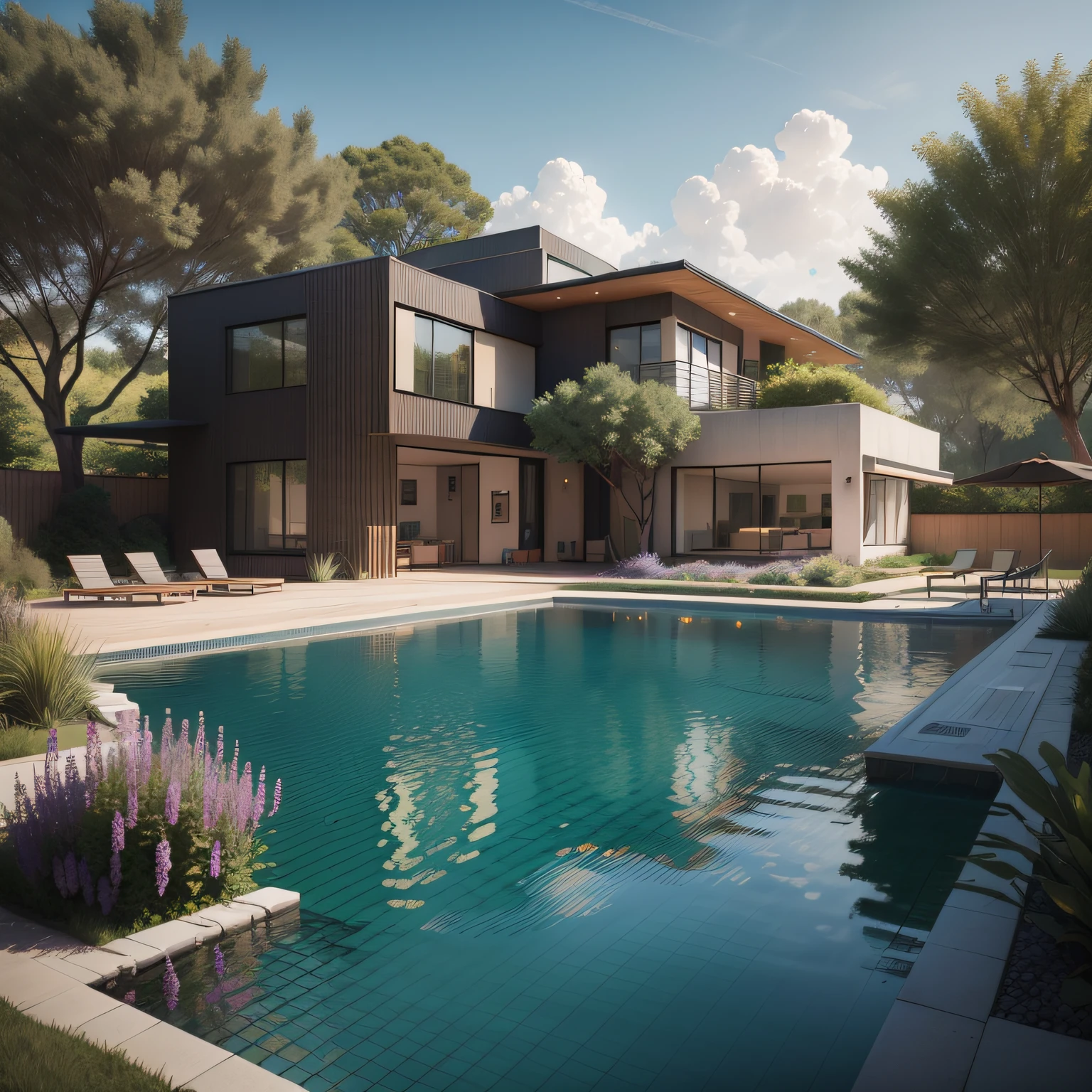 Organic modern architecture on a fairly large plot, from , there is a swimming pool in the middle of a large house of a flower, color of the house in chocolate brown and black beams, large modern residence, flat roofs and garden, render luxcore, render oktane, a photorealistic rendering, architectural rendering, mantra rendering, architectural rendering, realistic rendering, architectural visualization, wellness pool, Architectural visualization, large green zones, with small zones of lavender flowers, green shrubs type lush green garden, as well as small water mirrors, swimming pool embedded in an area of sand, olive and pine trees around the house, paddle court next to the house