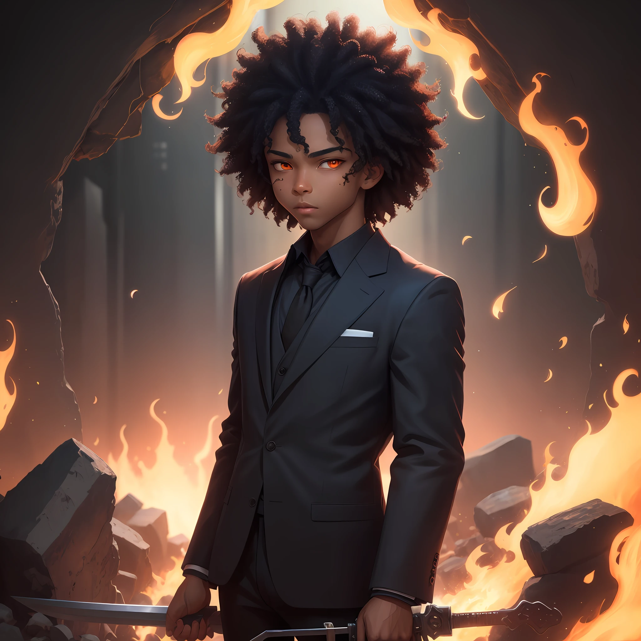 1 Black skin boy with black and curly hair, with some flames arround him. He's wearing an black suit and is holding a iron sword. Red and orange eyes. detailed key anime art, in each hand anime lush john 8k woods, best anime 4k konachan wallpaper, anime style 4 k, zerochan art, in a devasted field, clean detailed anime art, anime art wallpaper 8 k, official anime artwork, anime art wallpaper 4k, anime art wallpaper 4 k