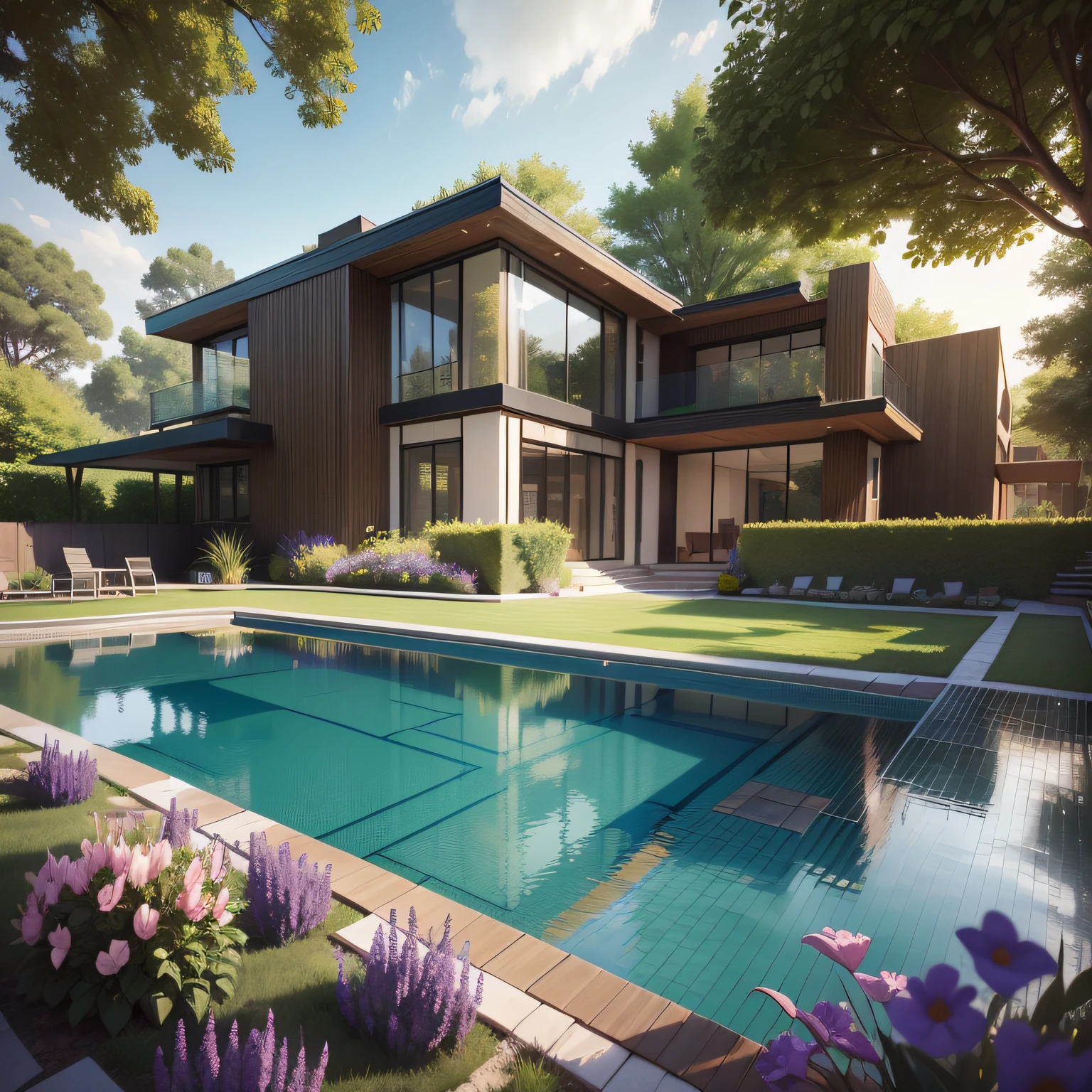 Organic modern architecture on a fairly large plot, from , there is a swimming pool in the middle of a large house of a flower, color of the house in chocolate brown and black beams, large modern residence, flat roofs and garden, render luxcore, render oktane, a photorealistic rendering, architectural rendering, mantra rendering, architectural rendering, realistic rendering, architectural visualization, wellness pool, Architectural visualization, large green zones, with small zones of lavender flowers, green shrubs type lush green garden, as well as small water mirrors, swimming pool embedded in an area of sand, olive and pine trees around the house, paddle court next to the house