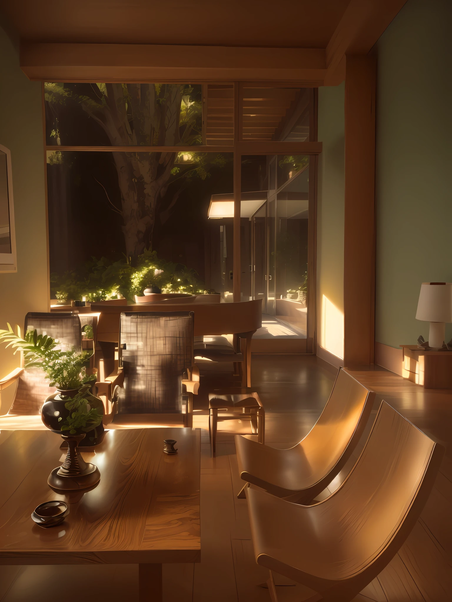 There is a wooden table with chairs and a vase on it, mid-modern century, mid-modern century, mid-modern century, Mid-century modern furniture, interior modernista, com pano de fundo de luz natural, Afternoon lighting, ambiente interno, Sala de estar, Directed by: Caro Niederer, luz natural no exterior, janelas do piso ao teto, inspirado em Fernando Gerassi, Moody vibe