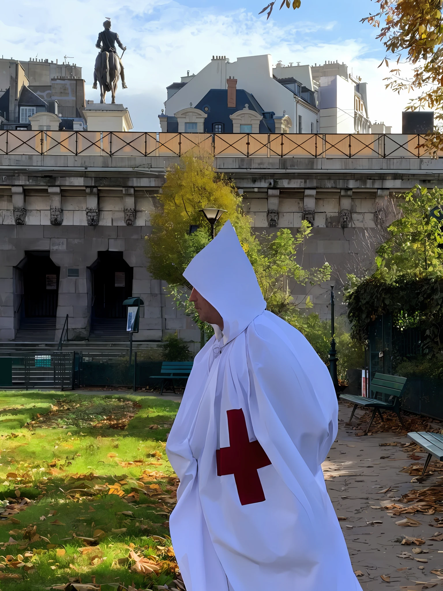 pessoa vestida com um manto branco e cruz vermelha nas costas, inspirado em jacques demoley, vestindo vestes brancas!, inspirado em Jean Tabaud, inspirado na Abadia de Edwin Austin, inspired by Horace Vernet, inspirado nos knight temple, knights templar in a space suit