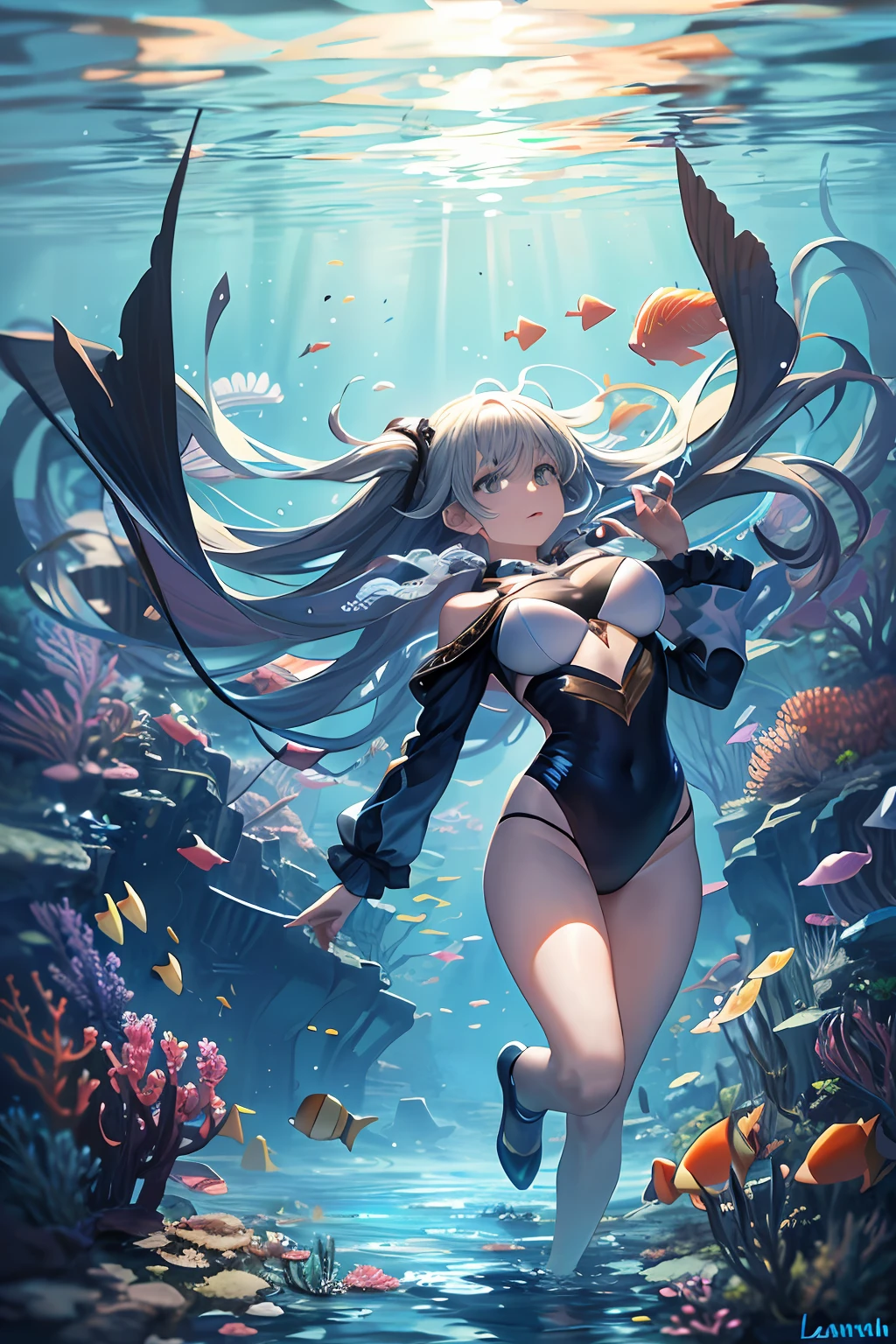 Under the sea、Underwater city、Swimming girl、Full body 、lanthanum、Fantastical、a large amount of foam、Composition looking up at the surface of the water from below
