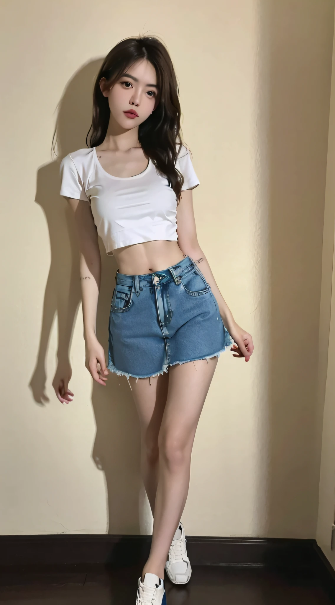 Best quality, full body portrait, delicate face, 18 year old girl, slim figure, small bust, white crop top T-shirt, waist pink denim skirt, gymnasium scene, standing tall