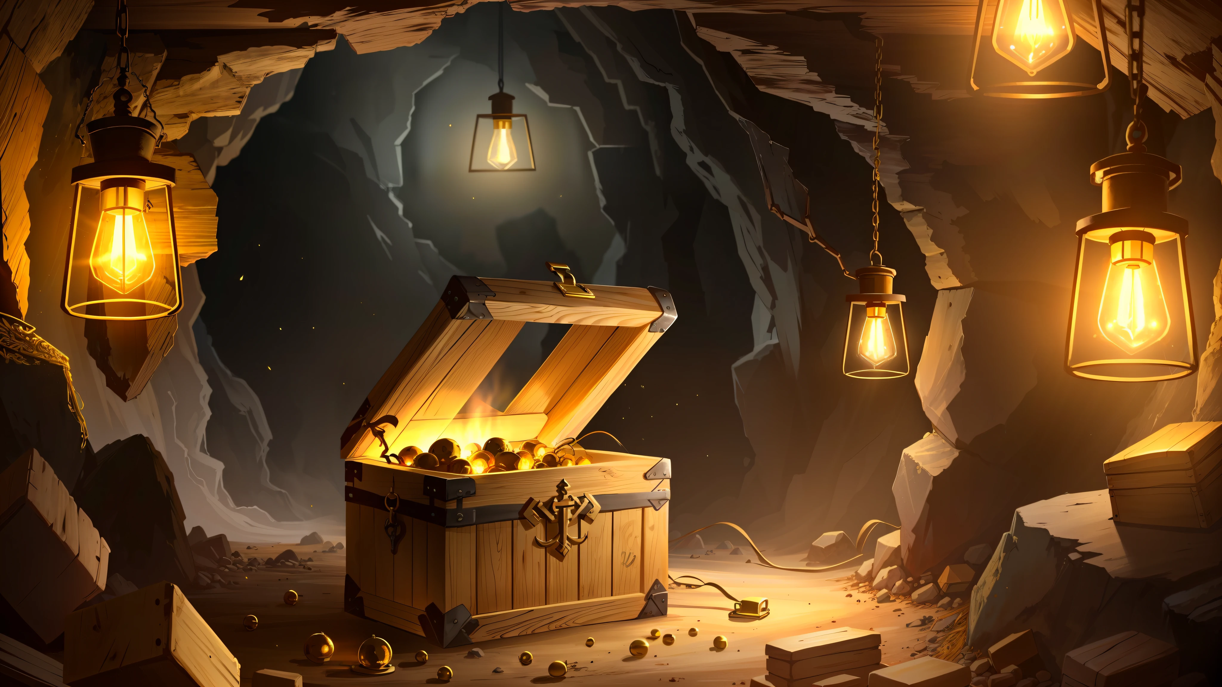 Ancient treasure chest, aberto, full of gold and yellow lights coming inside a dark pirate cave