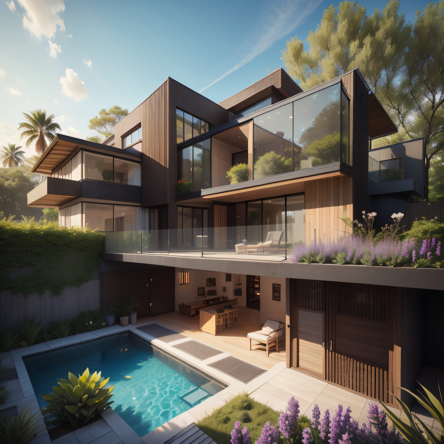 Organic modern architecture on a fairly large plot, from , there is a swimming pool in the middle of a large house of a flower, color of the house in chocolate brown and black beams, large modern residence, flat roofs and garden, render luxcore, render oktane, a photorealistic rendering, architectural rendering, mantra rendering, architectural rendering, realistic rendering, architectural visualization, wellness pool, Architectural visualization, large green zones, with small zones of lavender flowers, green shrubs type lush green garden, as well as small water mirrors, swimming pool embedded in an area of sand, olive and pine trees around the house, paddle court next to the house