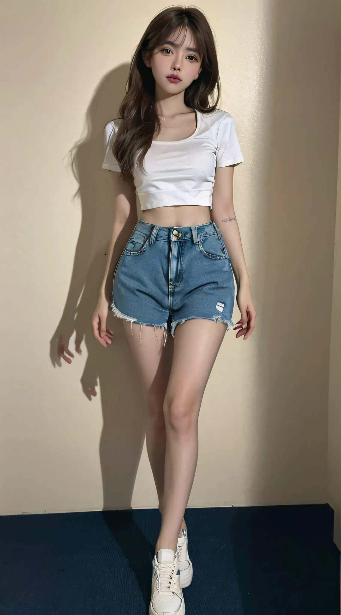 Best quality, full body portrait, delicate face, 18 year old girl, slim figure, small bust, white crop top T-shirt, waist pink denim skirt, gymnasium scene, standing tall