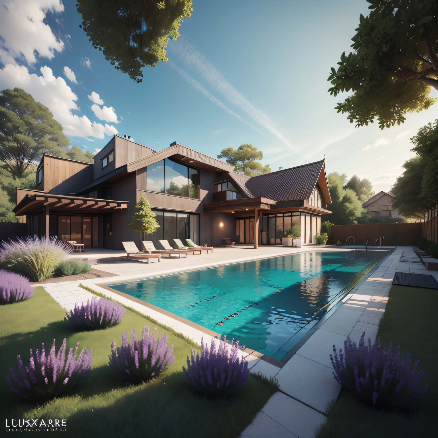 Organic modern architecture on a fairly large plot, from , there is a swimming pool in the middle of a large house of a flower, color of the house in chocolate brown and black beams, large modern residence, flat roofs and garden, render luxcore, render oktane, a photorealistic rendering, architectural rendering, mantra rendering, architectural rendering, realistic rendering, architectural visualization, wellness pool, Architectural visualization, large green zones, with small zones of lavender flowers, green shrubs type lush green garden, as well as small water mirrors, swimming pool embedded in an area of sand, olive and pine trees around the house, paddle court next to the house