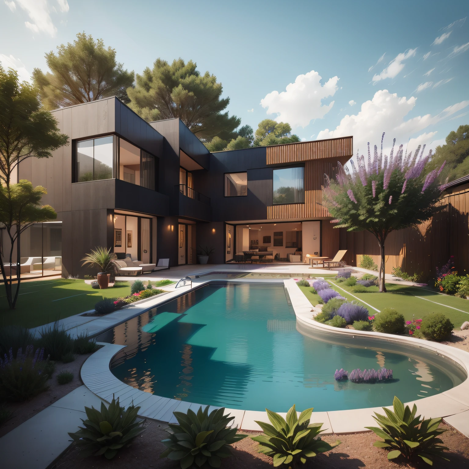 Organic modern architecture on a fairly large plot, from , there is a swimming pool in the middle of a large house of a flower, color of the house in chocolate brown and black beams, large modern residence, flat roofs and garden, render luxcore, render oktane, a photorealistic rendering, architectural rendering, mantra rendering, architectural rendering, realistic rendering, architectural visualization, wellness pool, Architectural visualization, large green zones, with small zones of lavender flowers, green shrubs type lush green garden, as well as small water mirrors, swimming pool embedded in an area of sand, olive and pine trees around the house, paddle court next to the house