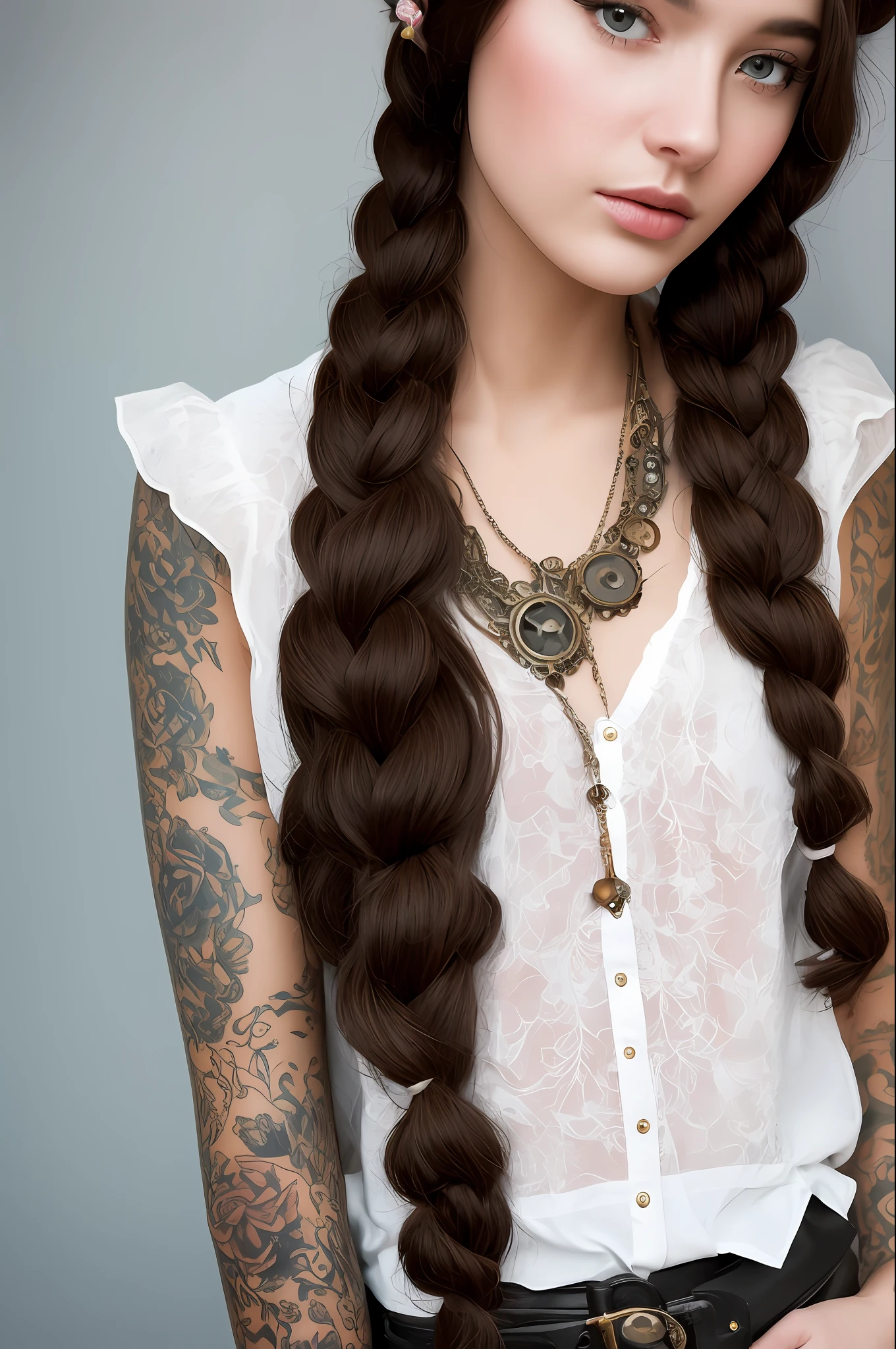 Steampunk girl at the party，（White cut top：1.2），Bigchest，Black and blue leather，Tattooed with，super-fine，ultrasharp，Long russet hair braided，8k，（The is very detailed：1.5），fully body photo， 20 megapixels，Canon EOS R3，Delicate skin，paleskin