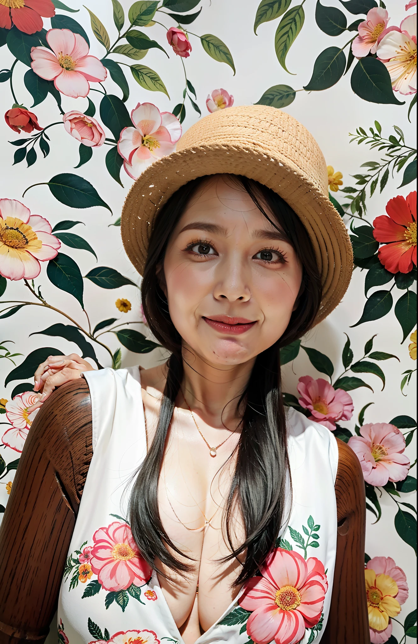 Le:1.1),(masterpiece:1,2), top-quality, masterpiece, hight resolution, Original, (flat-colors:0.9),(colourfull:1.1),(masterpiece:1,2), top-quality, masterpiece, hight resolution, Original, highly detailed wallpaper, Viewer's Perspective,Solo,portlate, ((A MILF))、53 years old、Mature Woman Body Set、Exposing breasts、showing teeth、Detailed tongue、Detailed mouth、Staring at this、Wrinkles at the corners of the eyes、Floral background、Illustration,