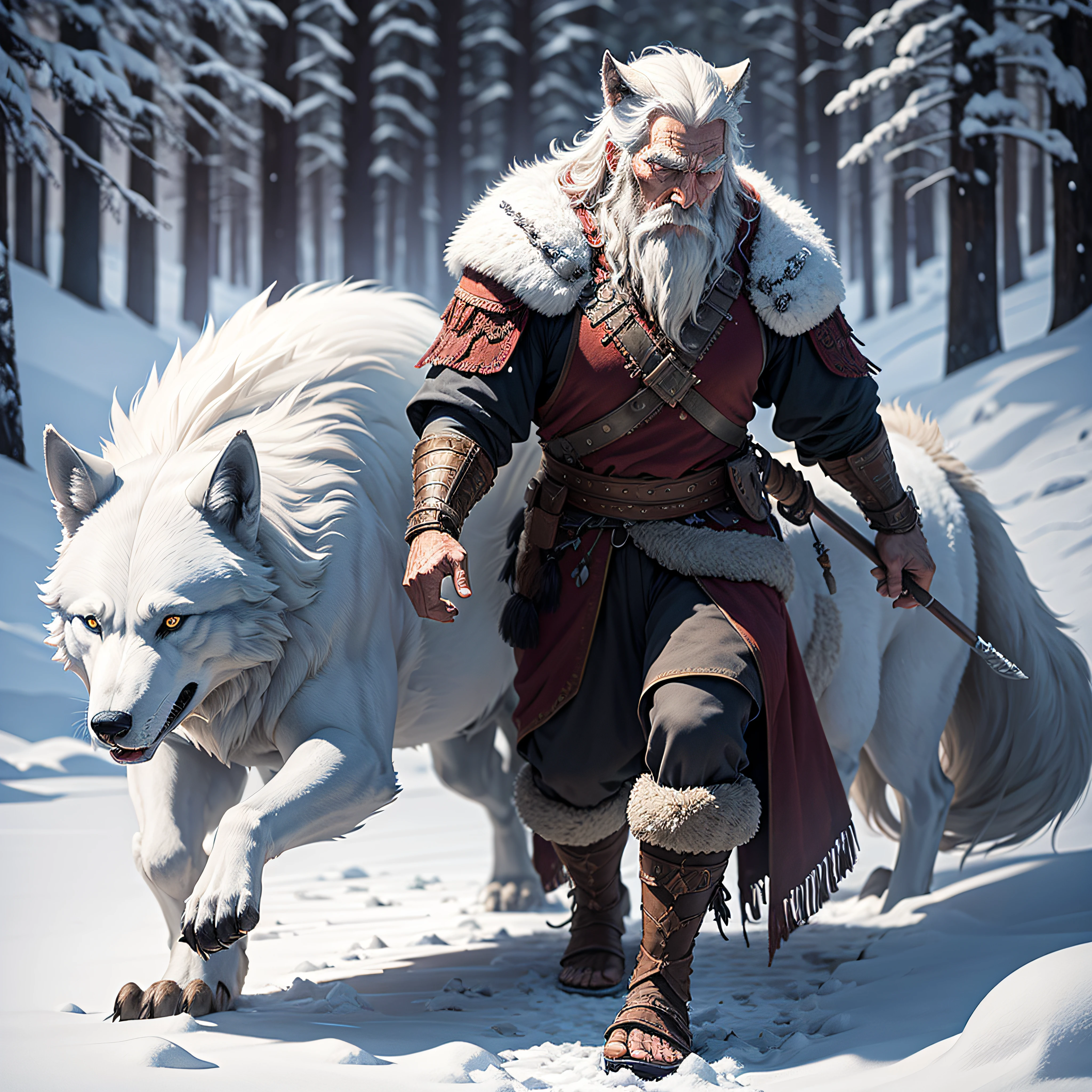 old warrior man and his wolf, mystic, snow background, photorealistic , detailed --auto
