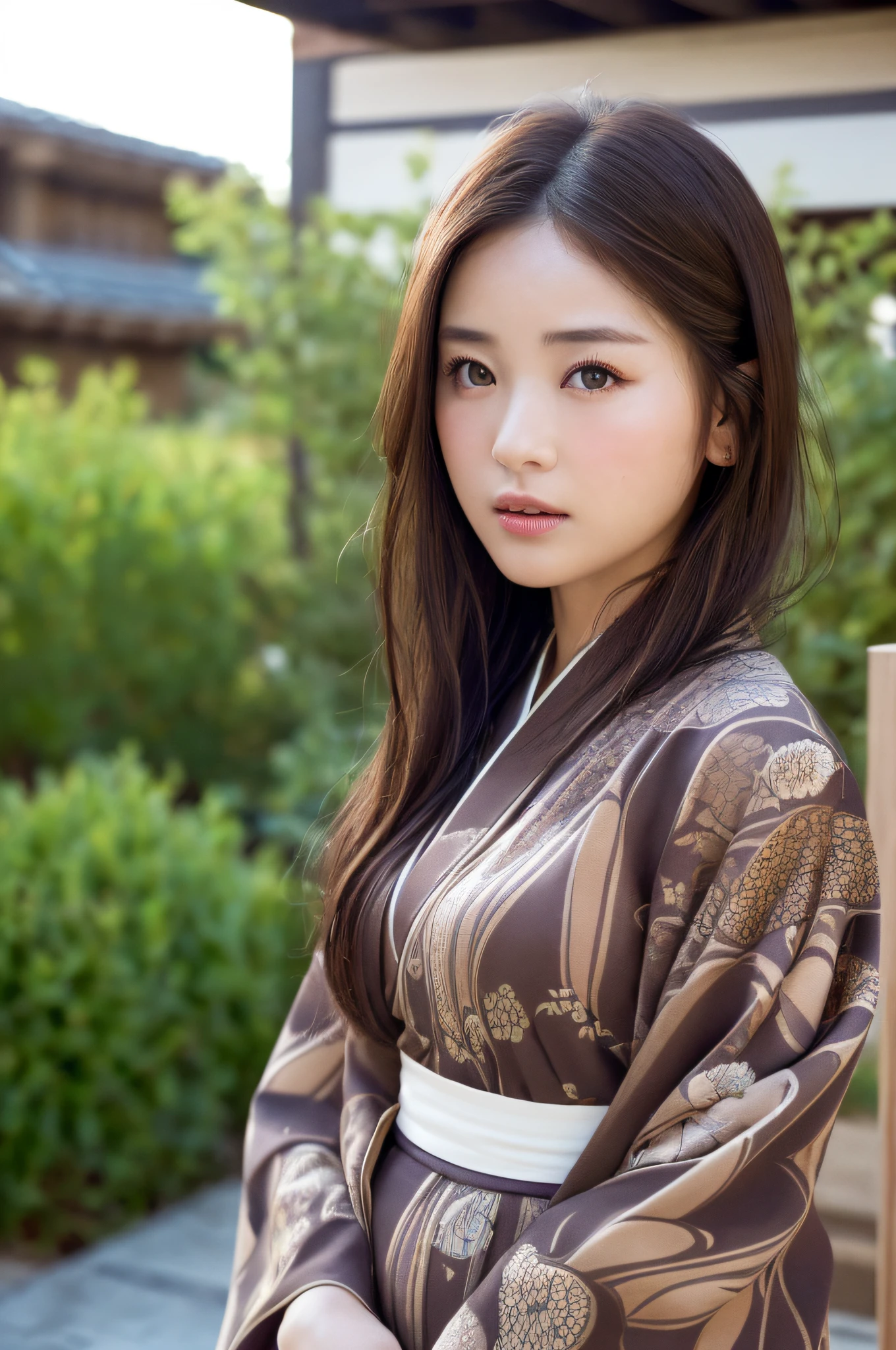 ((Realistic lighting、top-quality、8K、​masterpiece:1.3))、(kimono、Border pattern)、Clear Focus:1.2、1girl in、Perfect figure:1.4、((dark brown  hair))、(outside of house、natta:1.1)、Street、Narrow-eyed、二重まぶた、