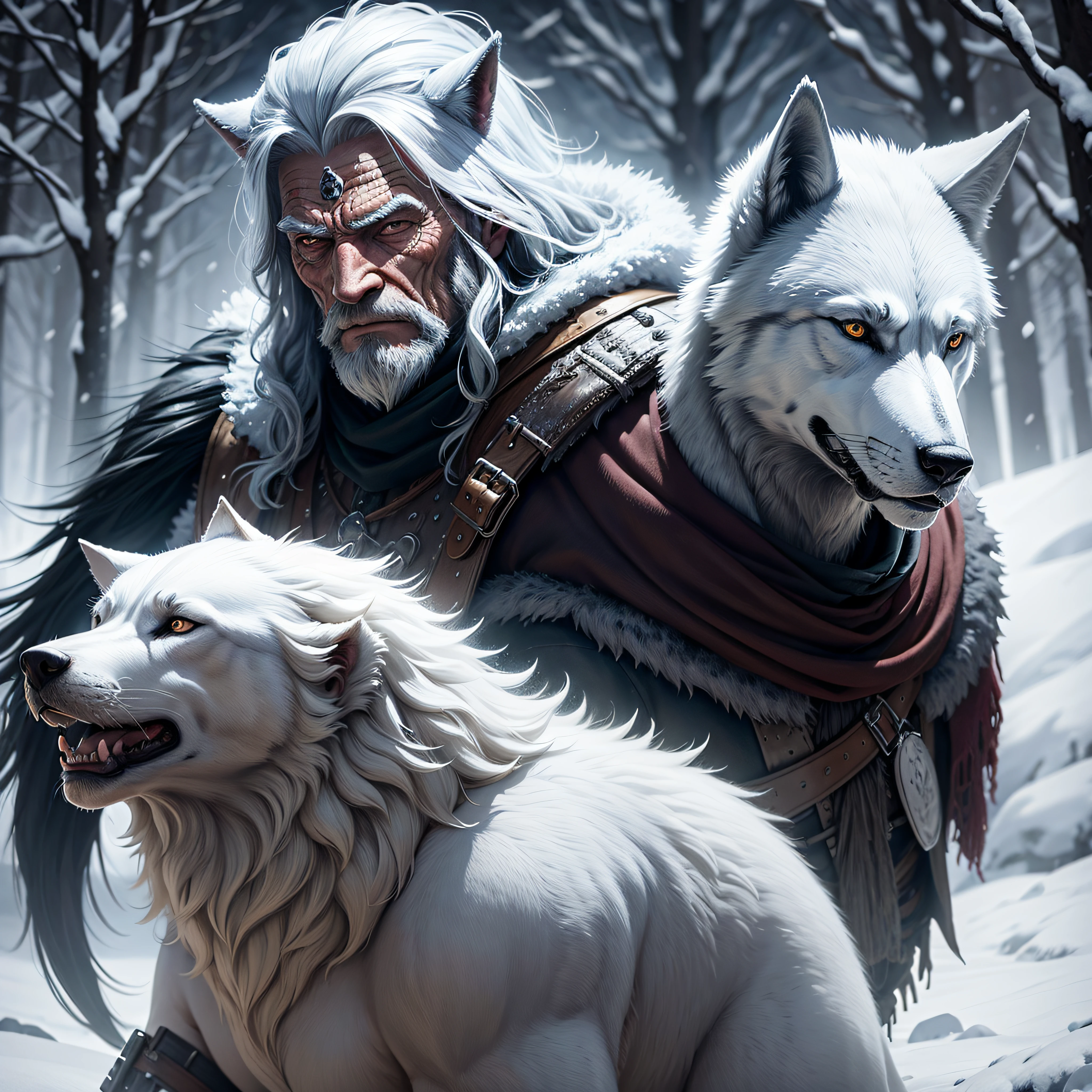 old warrior man and his wolf, mystic, snow background, photorealistic , detailed --auto
