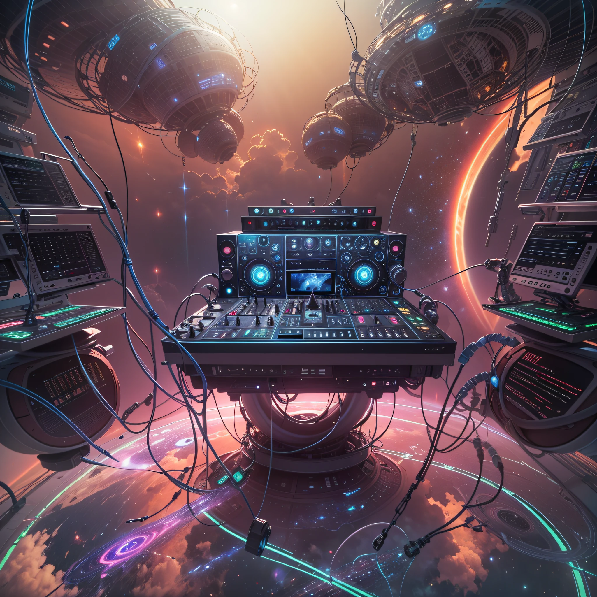 Generar una imagen futurista en la que un grupo de dj translucidos tocan sintetizadores flotando en el espacio exterior. Sus cuerpos son transparentes, The stage is outside the Earth's atmosphere, con un fondo estrellado y planetas distantes. Futuristic synthesizers also float in space, surrounded by cables and stereos. Furthermore, Add alien elements floating in space to create a unique and surreal environment. The image must convey the idea of a futuristic musical show in a unique and psychedelic spatial environment., fotorrealista, hiperrealista, super detailed, intrincado, dramatic