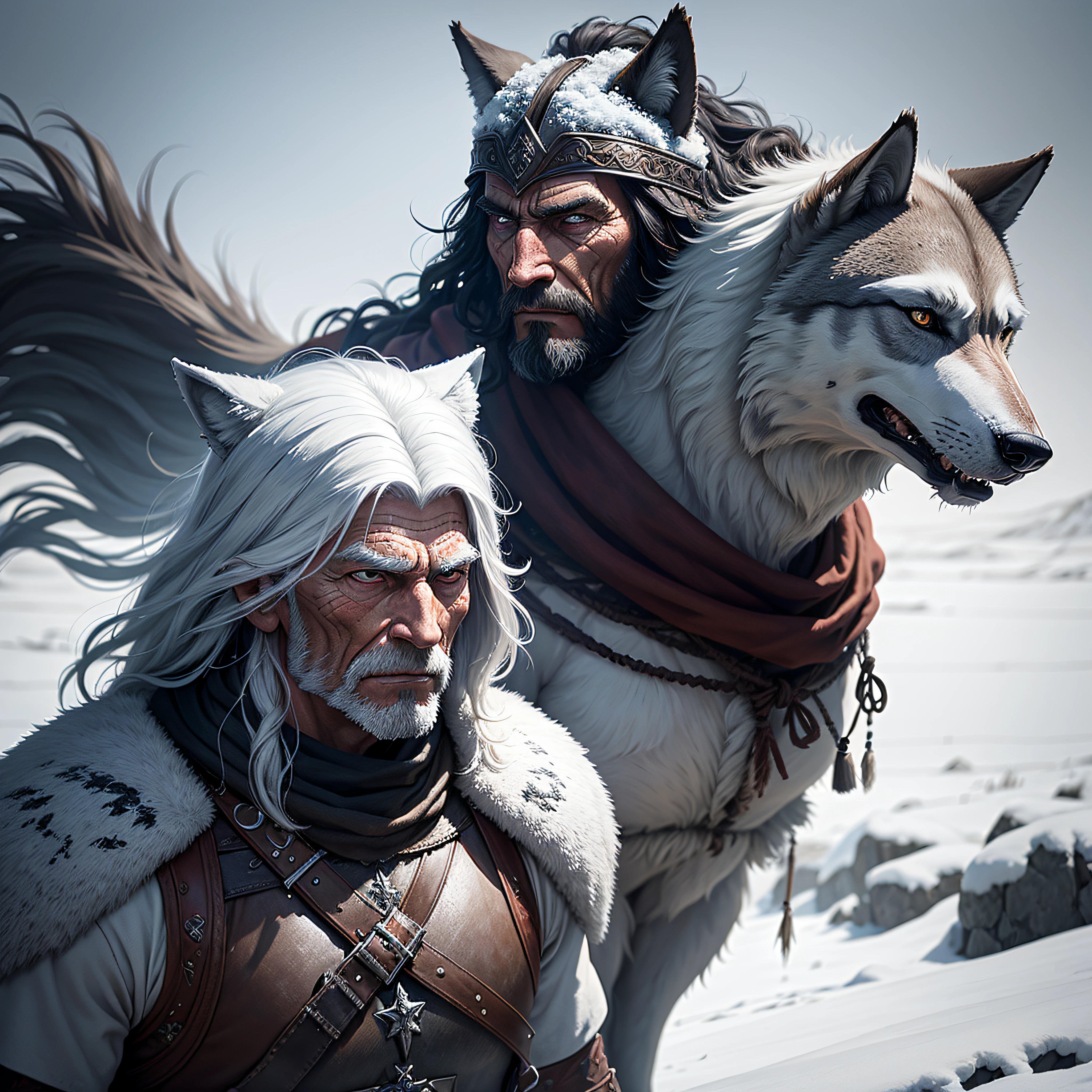 old warrior man and his wolf, mystic, snow background, photorealistic , detailed --auto