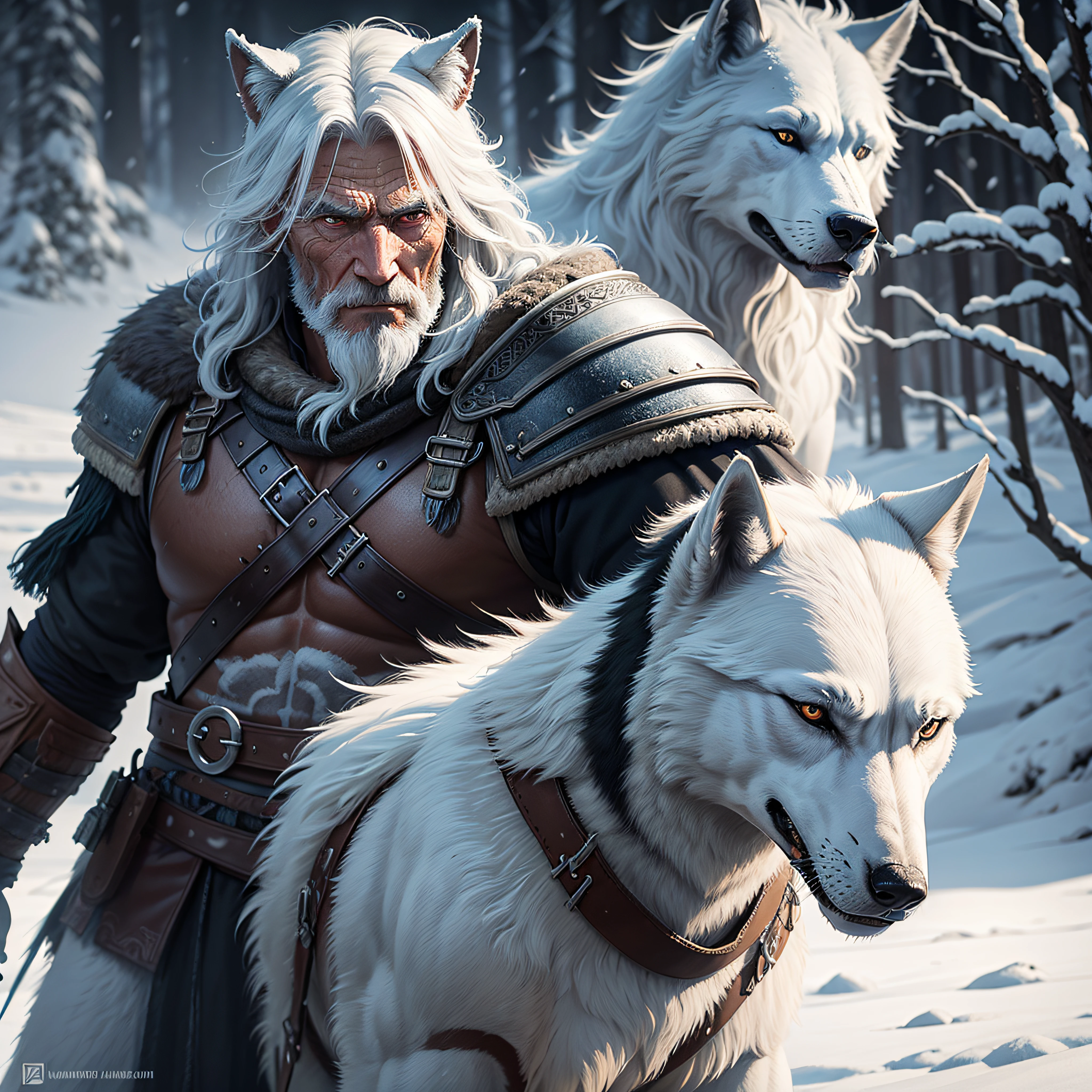 old warrior man and his wolf, mystic, snow background, photorealistic , detailed --auto