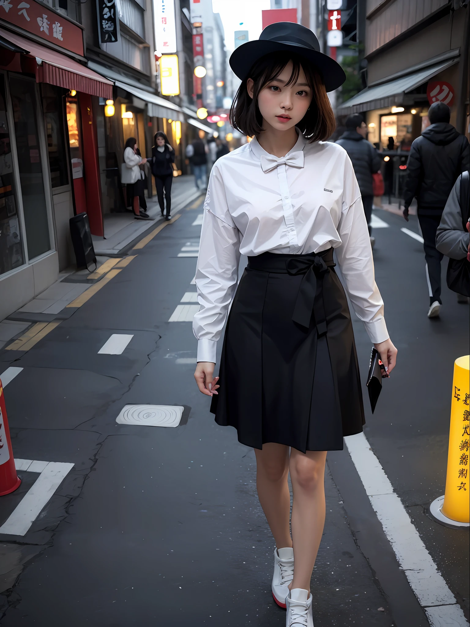 best qualtiy,tmasterpiece,超高分辨率,(realisticlying:1.4),RAW photogr,(perfect body type),dynamicposes,1 Girl Japan,waist-up,独奏,JK clothing,pleatedskirt,shirt,Headwear bow,in the darkness nigth,the night,Have on the street,deep shading,low tune,Cold light 12000K,