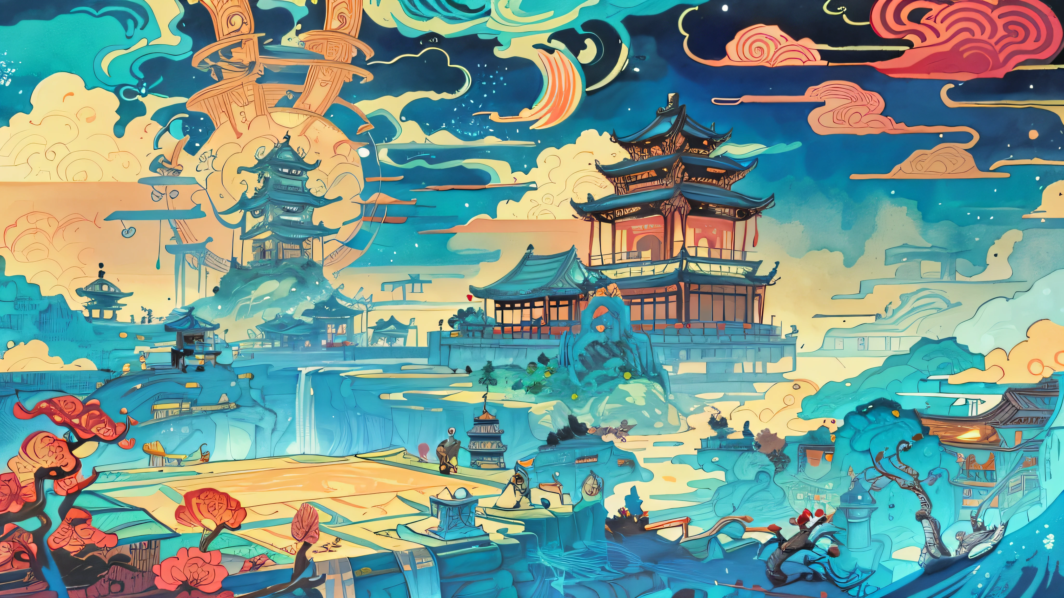 A temple in the style of traditional Chinese architecture,Float on the crystal clear waters of the lake。In the background is an ancient castle in cyberpunk style,Inspired by the famous illustrator Victor Wei。The picture adopts the CMYK color palette,It presents a fantastic Chinese town scene,The style is a fusion of Unreal Engine、Jen Bartel、Victo Nai Style、James Jean and Victo Ngai and other elements,It interprets the fantasy dreams of Chinese。