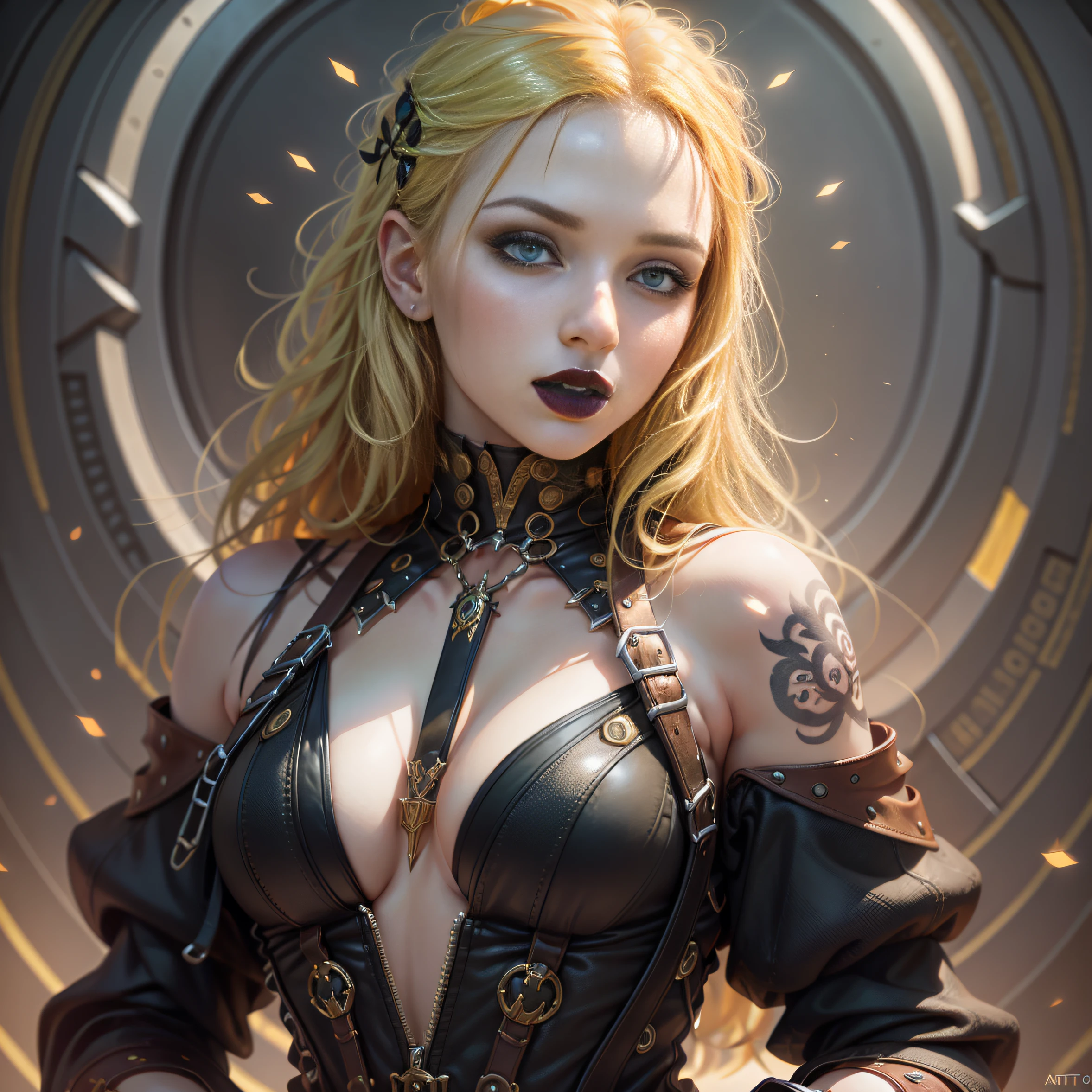 ((Masterpiece)) , blonde hair, clothes glued to the body, black lips, with tattoo on the neck, ((wearing a black lipstick)), by Anastasiya dobrovolskaya, donato giancola, karol bak, tom bagshaw, face by artgerm and edmund leighton, background by james jean and noah bradley, majestic, volumetric lighting, photorealistic, Octane render, unreal engine 5, third rule, golden ratio, (highly detailed skin:  1.2), 16K UHD, HDR, DSLR, high quality, film grain, Fujifilm XT3