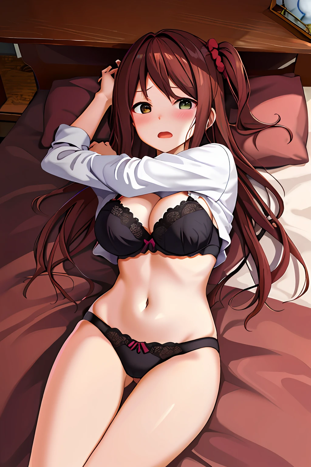 masterpiece、top-quality、hight resolution、Fumyōko、One side up、Hair scrunchies、Colossal tits、in a house、Out-of-position bra、side tie thong、lying on one's side、From above、open arms、Two thighs are exaggerated、Lusting、a bed、Disheveled underwear、hard breathing、Sex Expressions, flustered, heart in eye, blush, Drunk, Open mouth, One-person viewpoint, High quality, Best Quality, hight resolution