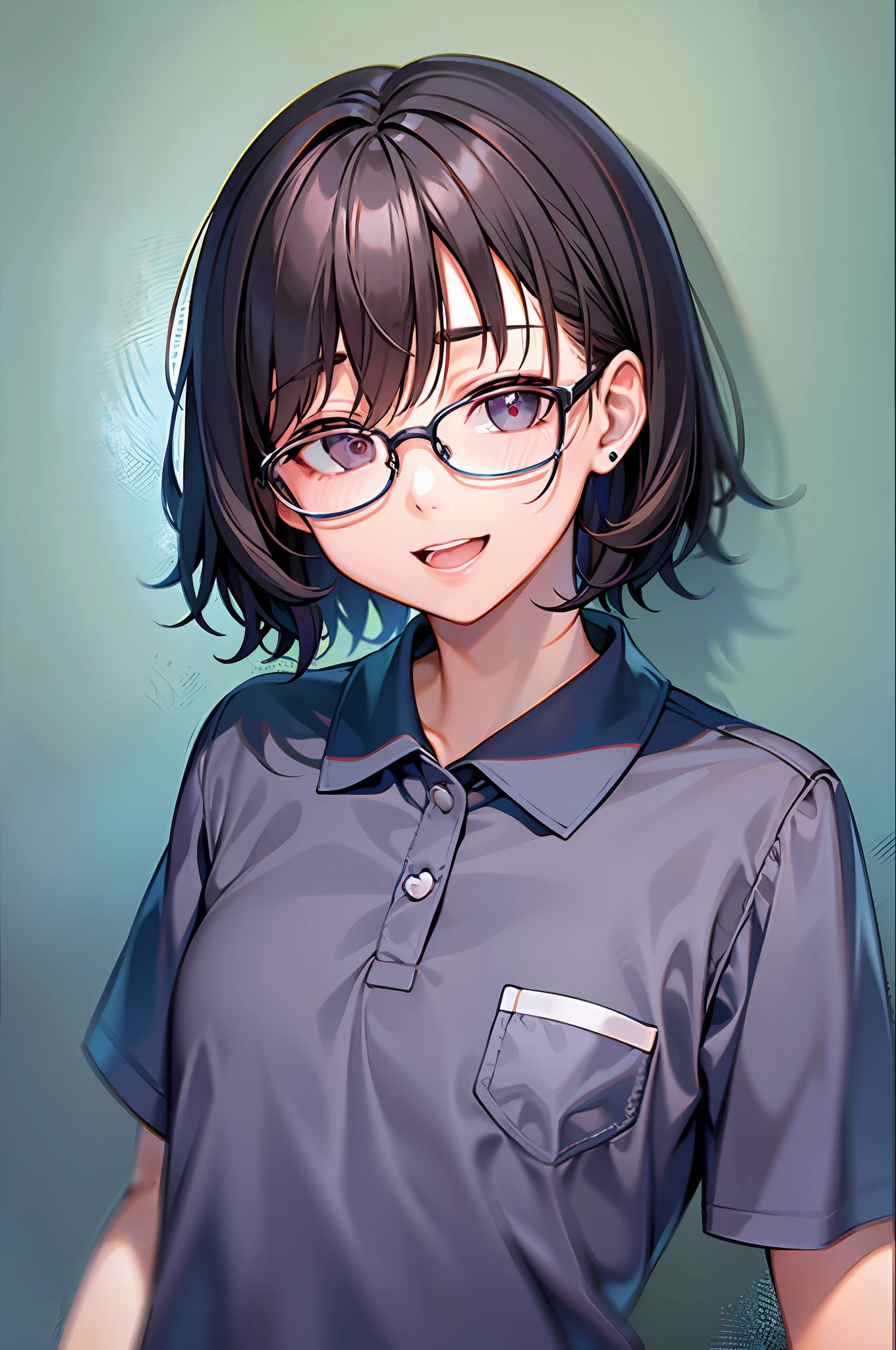 top-quality、超A high resolution、13yo girl、Short hair、Dark hair、hair adornments、eye glasses、closing eye、:D、Infant body type、Short sleeve polo shirt、plaid skirts