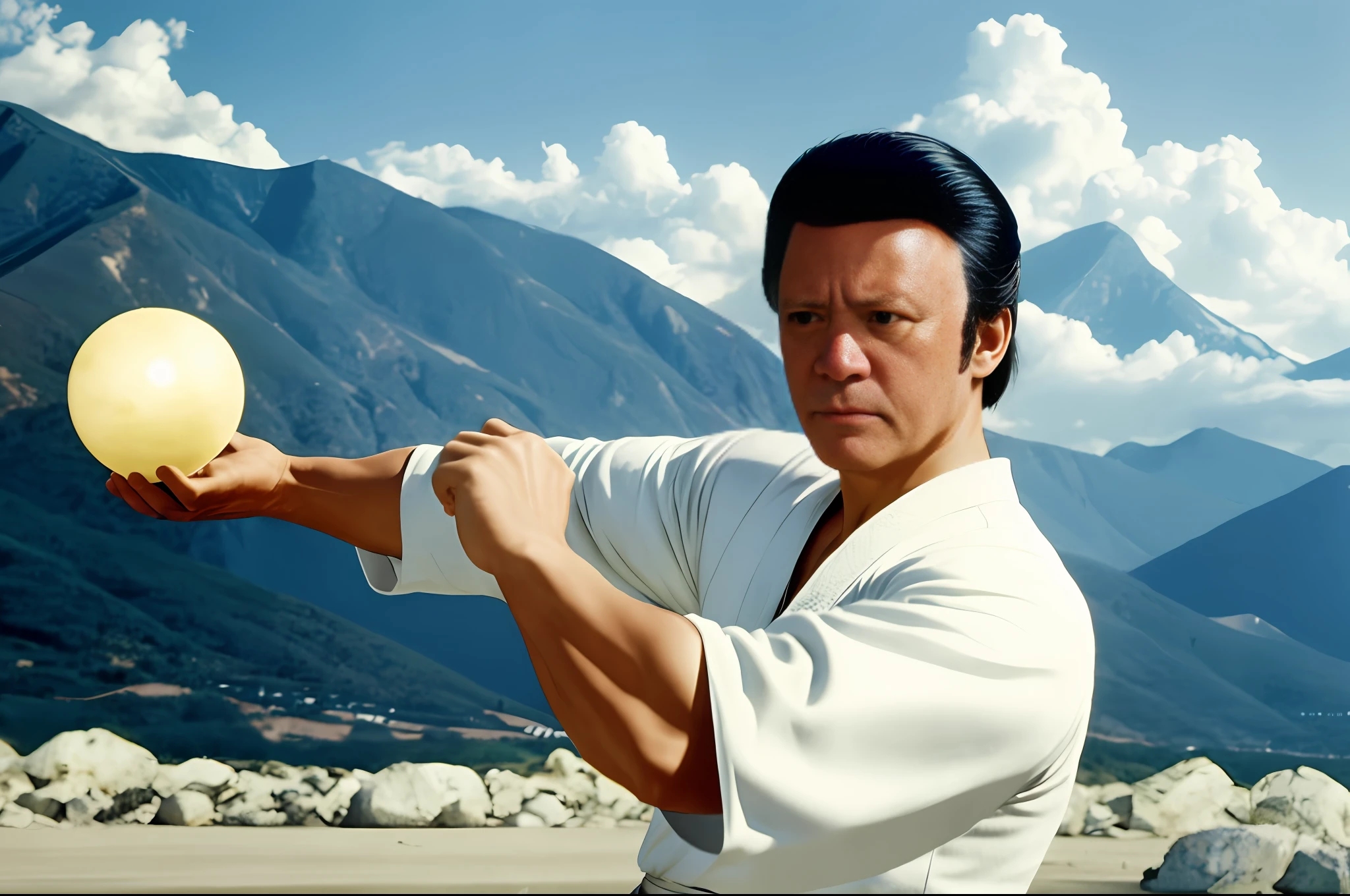 Man in white shirt holding a white object in his right hand, Filme de Kung Fu dos anos 60,