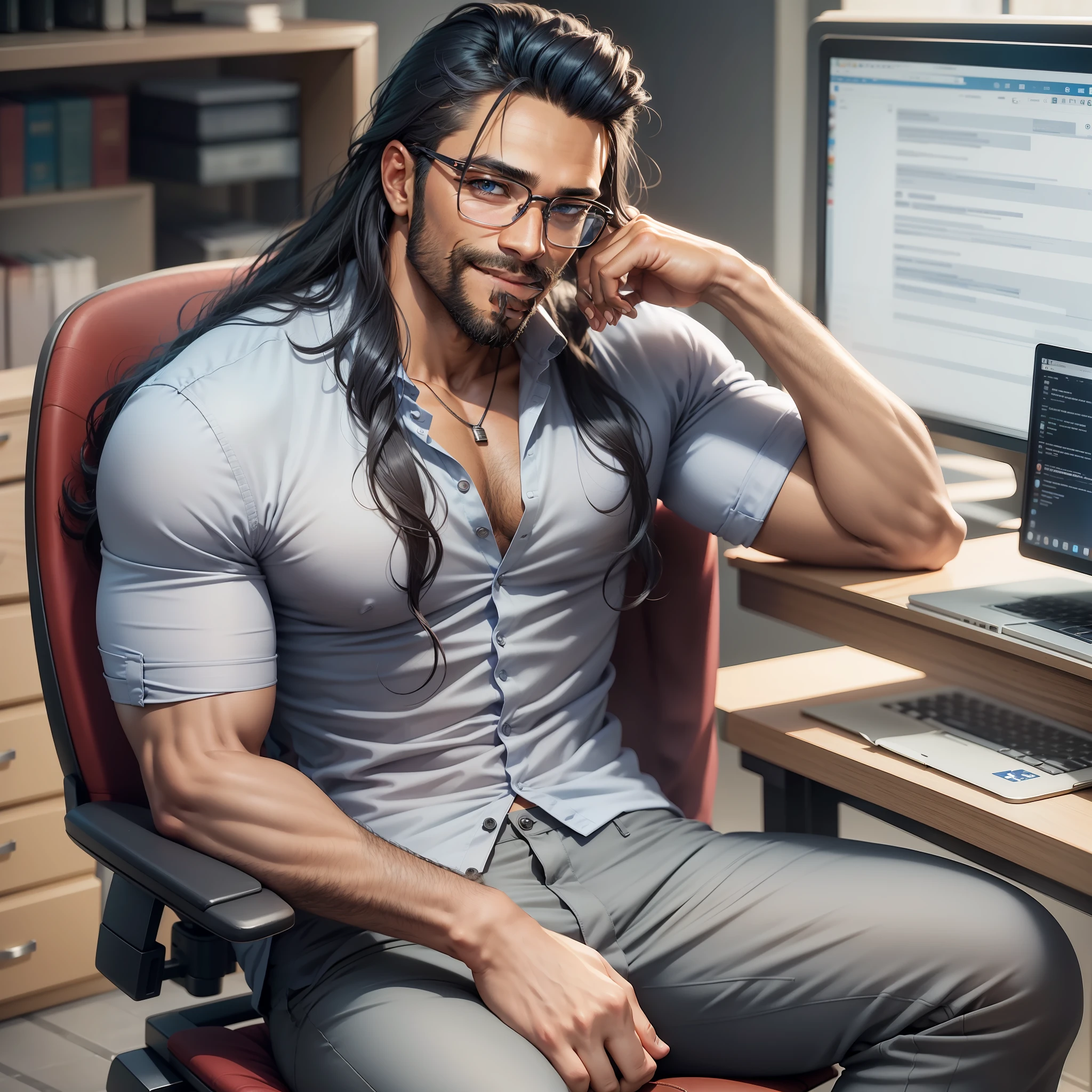 Handsome male, brown dark skin, blue eyes, long blue hair, sitting by desk in office chair, beard, smiling, detailed body, grey pants, black shirt, big bulge in pants, nightfall, glasses, long hair tied up