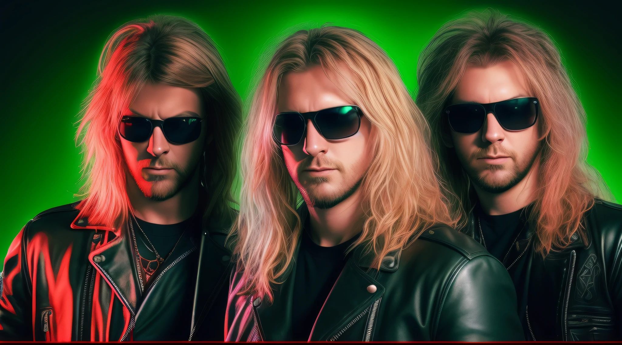 3 BLONDE BOYS LONG HAIRED, in black leather jackets and sunglasses, HALF BODY, SOFT GREEN BACKGROUND LIGHTS, posing for a photo, high quality photo, very low quality image, heavy rock band promotional photo, phosphorescent, heavy metal band promo, photo of a promotional session, very high quality,  war photo, the scooter (EDM band, sinister vibe, the name of the band is Roborock