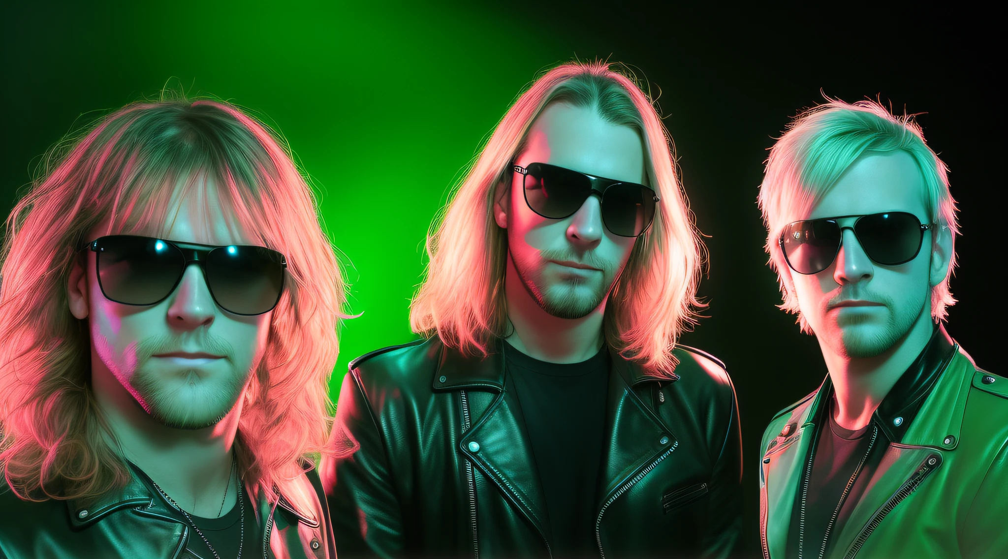3 BLONDE BOYS LONG HAIRED, in black leather jackets and sunglasses, HALF BODY, SOFT GREEN BACKGROUND LIGHTS, posing for a photo, high quality photo, very low quality image, heavy rock band promotional photo, phosphorescent, heavy metal band promo, photo of a promotional session, very high quality,  war photo, the scooter (EDM band, sinister vibe, the name of the band is Roborock