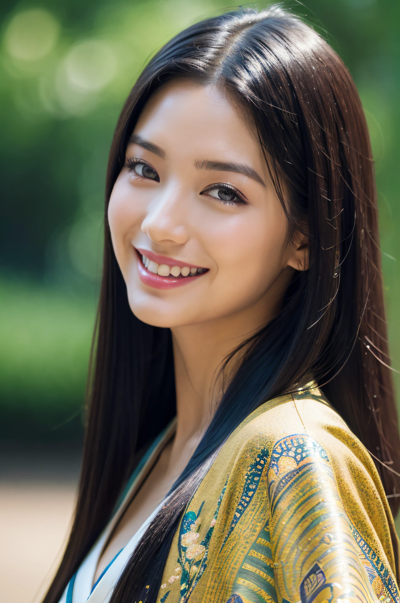 best qualtiy、masterpiece、photoRealstic、intricate-detail、Raw foto、Photon Rendering、Octane Rendering、absurderes、ultra-detailliert、A detailed face、Detailed skin、Trending in art stations、8K masterpiece、lighting like a movie、( (1girl))、((独奏) ))、((Behold))、CG Social Trends、Plastic En、((Black long hair))、((Beautuful Women))、(a smile)、((kimono))、(Egyptian pyramid)、Hair that flutters in the wind、((Flowing hair))、happy、fashion magazine、