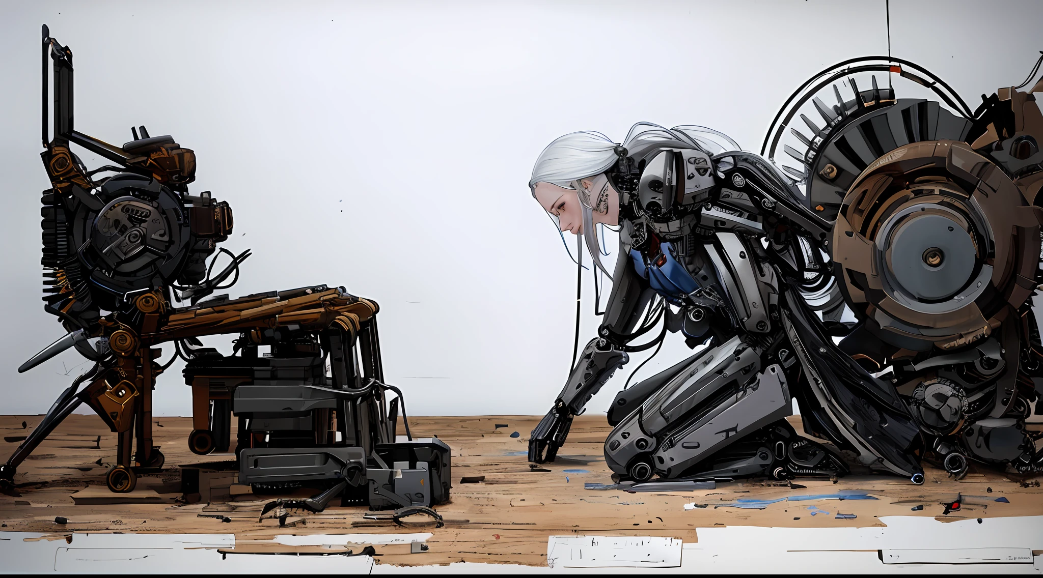 a professional  digital art of, full body view of a man in gray suit with red tie with face  of david bowie), cyber parts, circuits in the flesh, roots on body, torn body flesh, cables on body, white hair by atey ghailan, (((soft enigmatic smile))), (((Leonardo da Vinci drawings machine 
designs))), best quality, high quality, highres, high resolution fix, steampunk style, (((Leonardo da Vinci drawings machine designs))), mechanical prosthesis, face in the style of francis bacon, by enki bilal, by Moebius-Jean Giraud, (white hair by atey ghailan), ((and extreme long shot of a full naked woman with Tilda Swinton face sitting on the floor leaning on her left arm)), soft cinematic light, adobe lightroom, photolab, intricate, highly detailed, faded, hyperdetailed, cinematic, dramatic light, (intricate details), steampunk style, (((woman with mechanical implants in parts of the body))), (view woman full body), (woman with torn pieces of the body), woman with cyborg parts,  woman with electric circuits, mechanical prosthesis, post-apocalyptic landscape,  looking at camera,  paint impasto, impressionism, masterpiece, best quality, high quality, highres, amazing lighting, detail enhancement, 8k resolution, dramatic  lighting, thin body, post-apocalyptic  landscape, outdoor, outside scene, a full page concept designs of, dark, gritty, realistic sketch, Rough sketch, mix of bold dark lines and loose lines, bold lines, on paper, plain background, dark, gritty, splash of muted ochre, Charcoal drawing illustration collage, oil paint, fine line marker drawing
